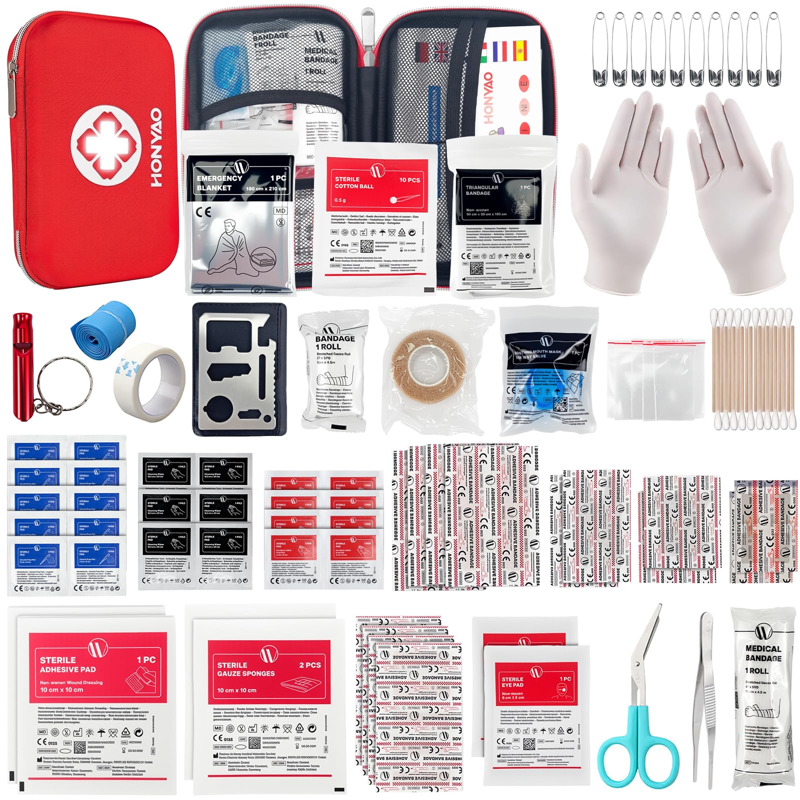 HONYAO Kit di Pronto Soccorso, 200 Pezzi Scatola di Emergenza per Primo Intervento, Kit di Primo Soccorso per Casa Auto Barca Moto Roulotte Trekking e Campeggio