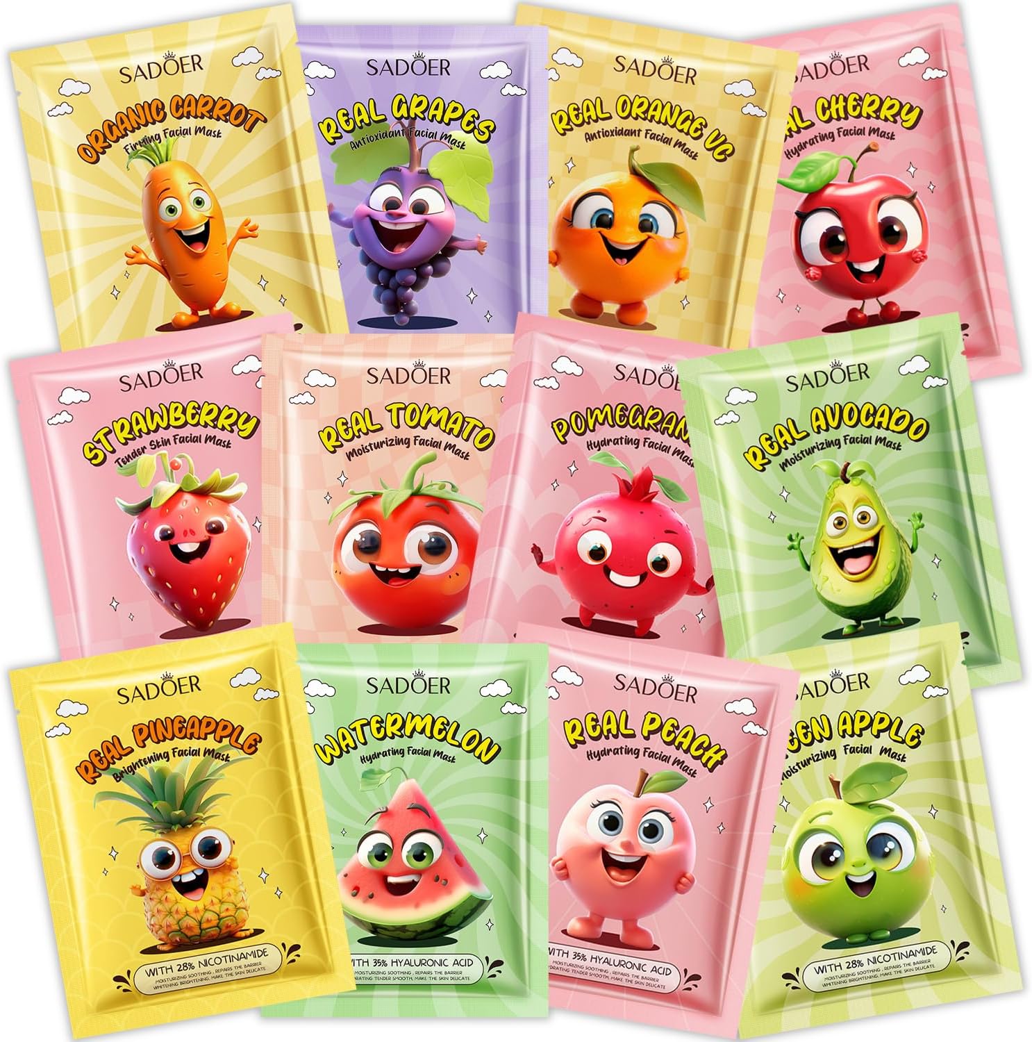 12 PCS Fruit Face Masks Skincare for Kids, Spa Party Facial Mask Set, Moisturize Sheet Masks Skin Care, Christmas Birthday Gifts for Women Girls, Hydrate and Soothe for All Skin Types (12Pcs-Set01)