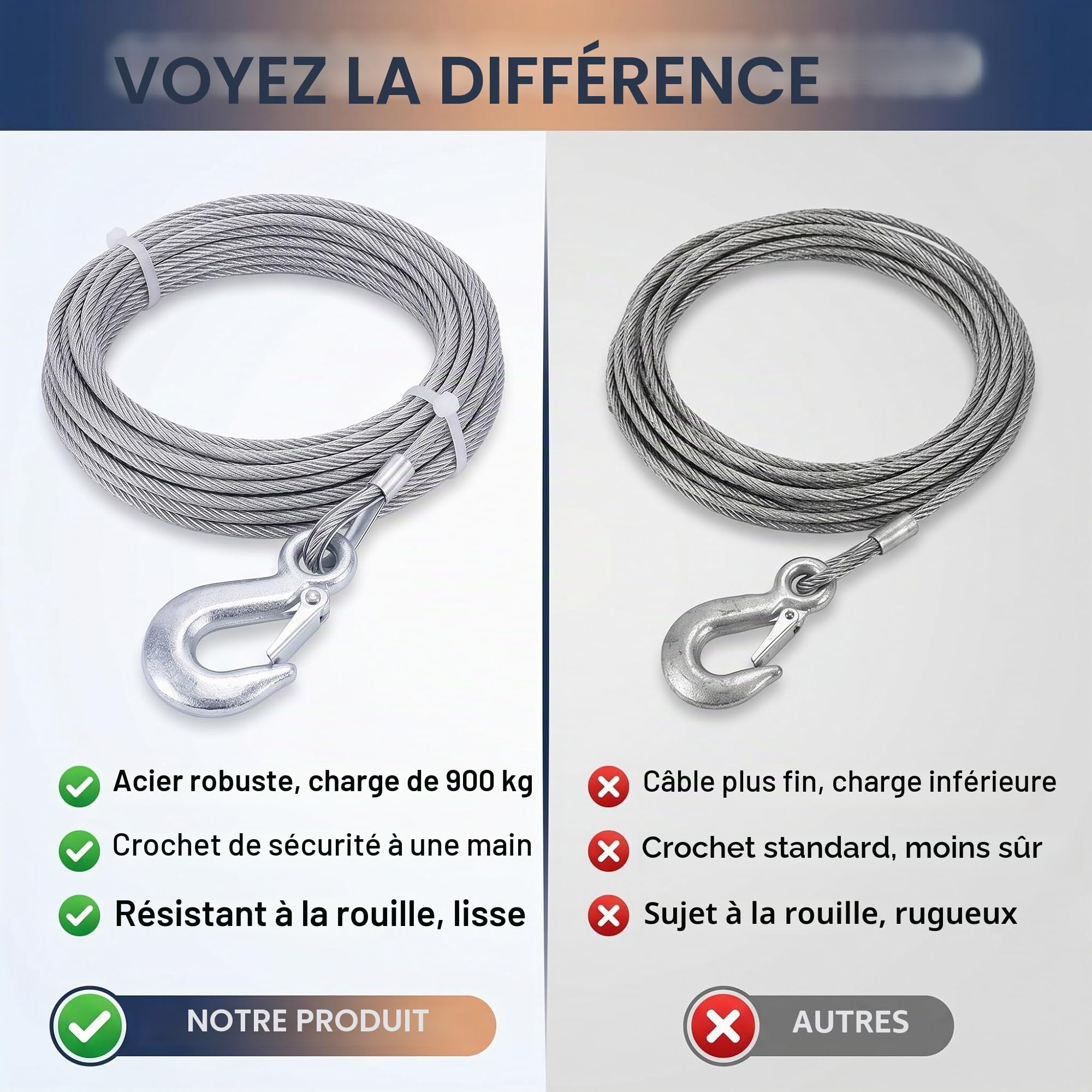 Ejoyous Corde pour treuil avec crochet en acier inoxydable - Câble de rechange pour remorque - Pour camion, ATV, UTV, 4 mm de diamètre, 12 m de long, capacité de charge de 900 kg