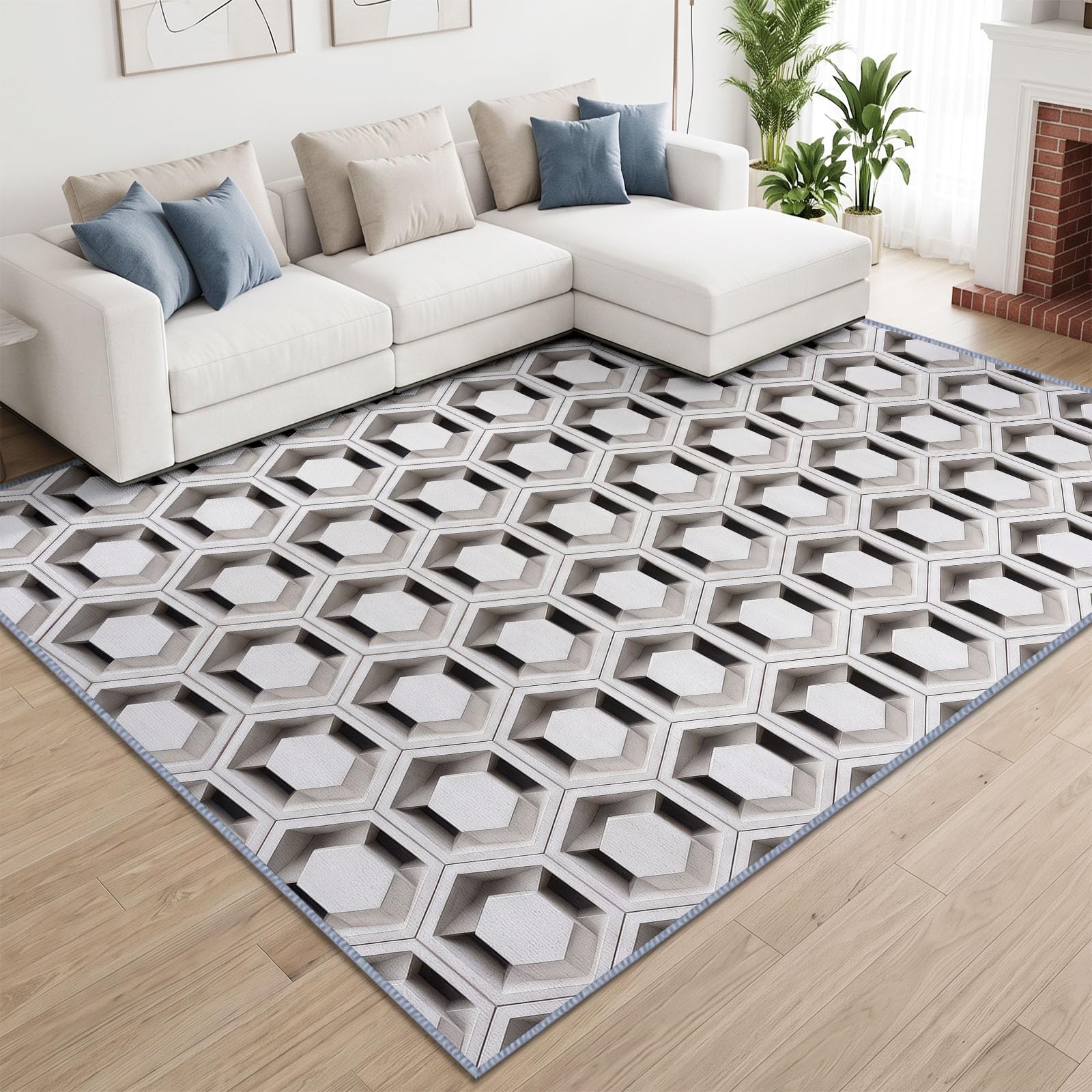 Grand Tapis Salon 140x200cm 3D Illusion Optique, Tapis de Salon Lavable en Machine Antidérapant à Poil Ras, Blanc Géométrique Hexagone Doux Tapis Chambre Adulte pour Salle à Manger Couloir