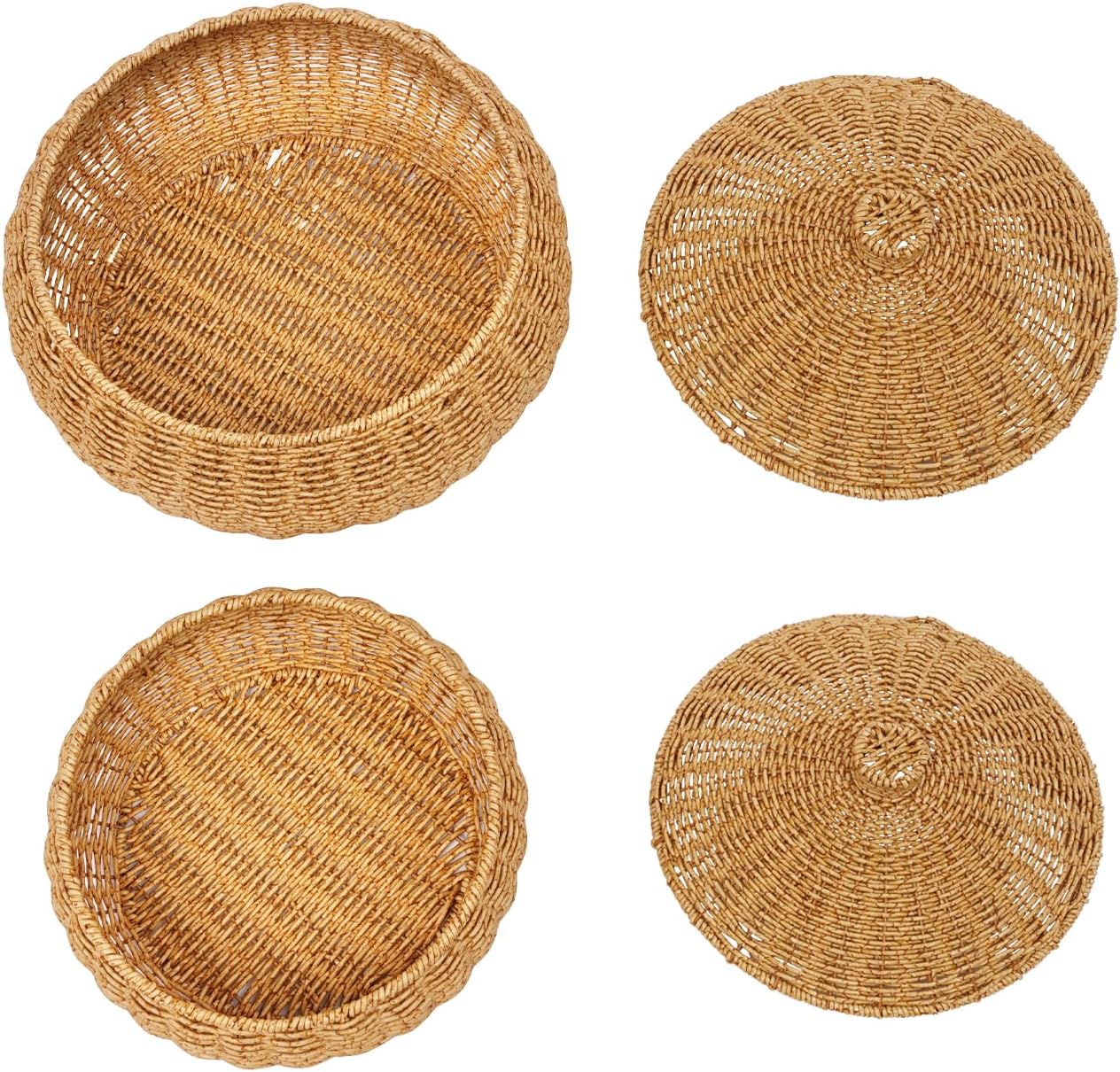 Round Rattan Boxes With Lid Hand-2PCS, Multi-Purpose Wicker Tray,Picnic Food Bread Table Storage Basket, Food Handwoven Storage Container For Egg Kitchen Potatoes Fruit Vegetables