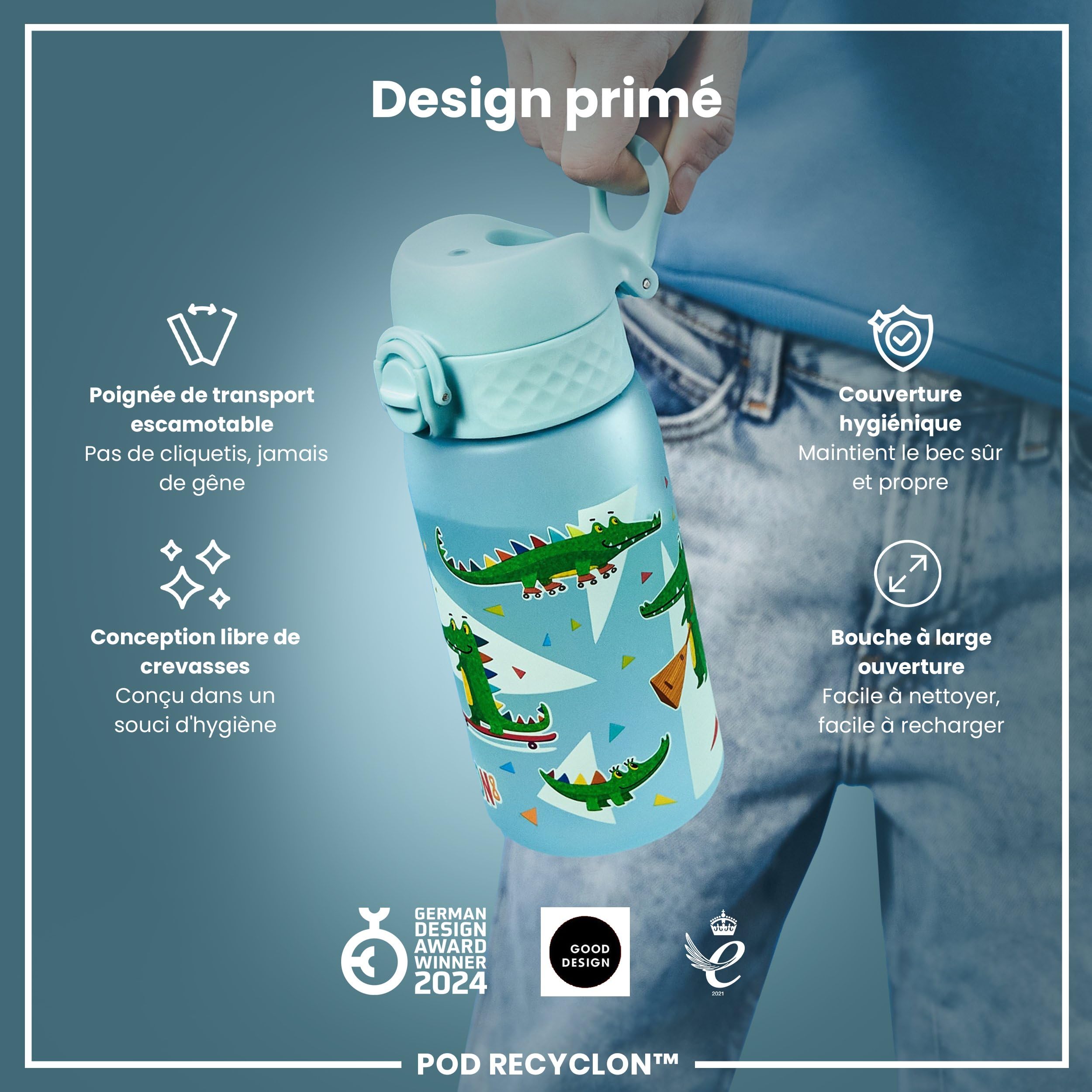 ION8 Gourde Enfant, 350ml, Anti-Fuite, Facile à Ouvrir, Verrouillage Sécurisé, Lavable en Lave-Vaisselle, Sans BPA, Poignée de Transport, Facile à Nettoyer, Carbone Neutre, Motif Crocodiles