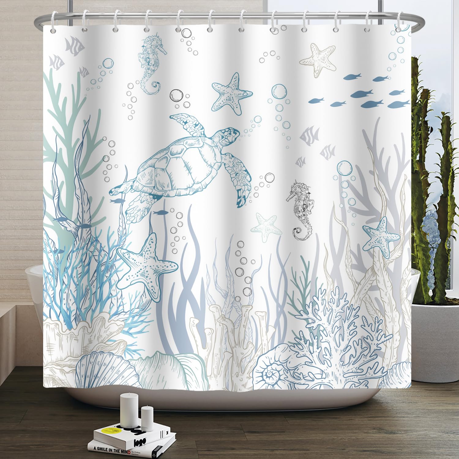 Pnylzzyxh Turtle Shower Curtain Ocean Shower Curtains for Bathroom Coastal Fish Coral Seahorse Shower Curtain Sets Underwater Seashell Bathroom Decor
