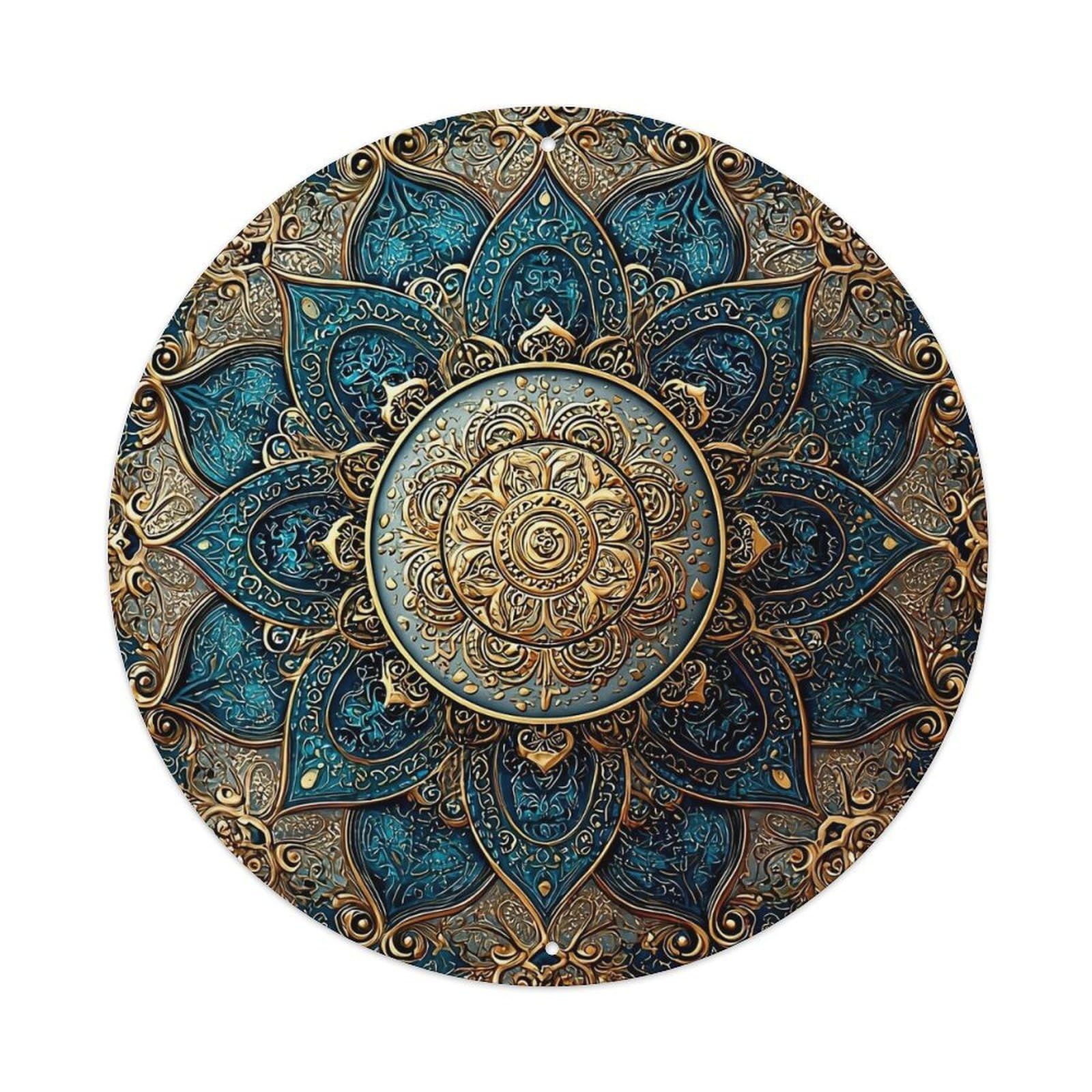 Ornate Blue And Gold Mandala Round Tin Sign Vintage Metal Sign Home Bar Garden Indoor & Outdoor Wall Decor Retro Metal Poster 8x8 Inch