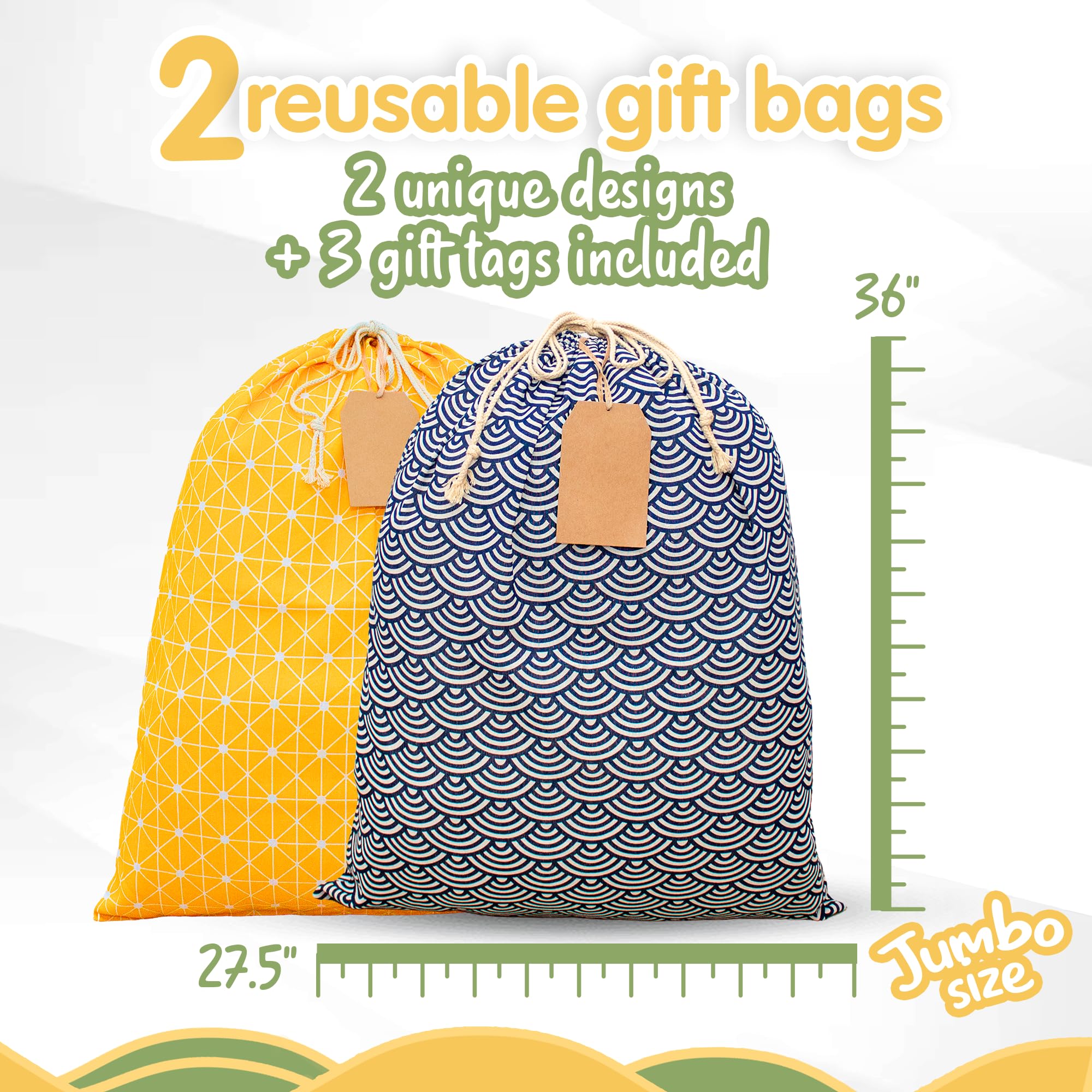 ERIBAGZ 2 pcs Giant gift bag 35.43” x 27.55”. Bonus: 5 gift tags & string. Reusable Jumbo gift bag. Extra large gift bag. XL gift bag. Ed. 1.