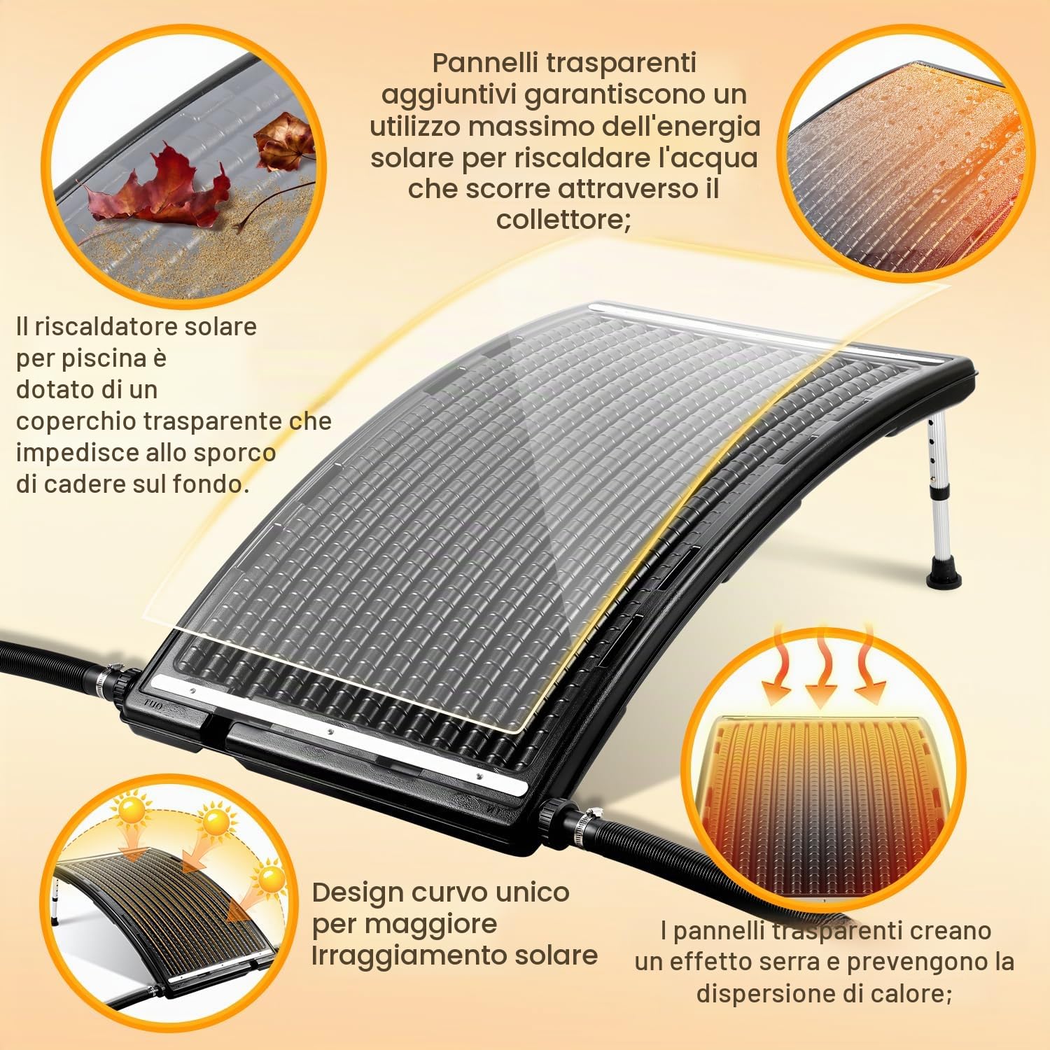 Pannello solare per piscina, 113 x 69 x 35 cm, portata massima 10000 l/h, impianto solare per acqua calda, doccia da giardino, piscina
