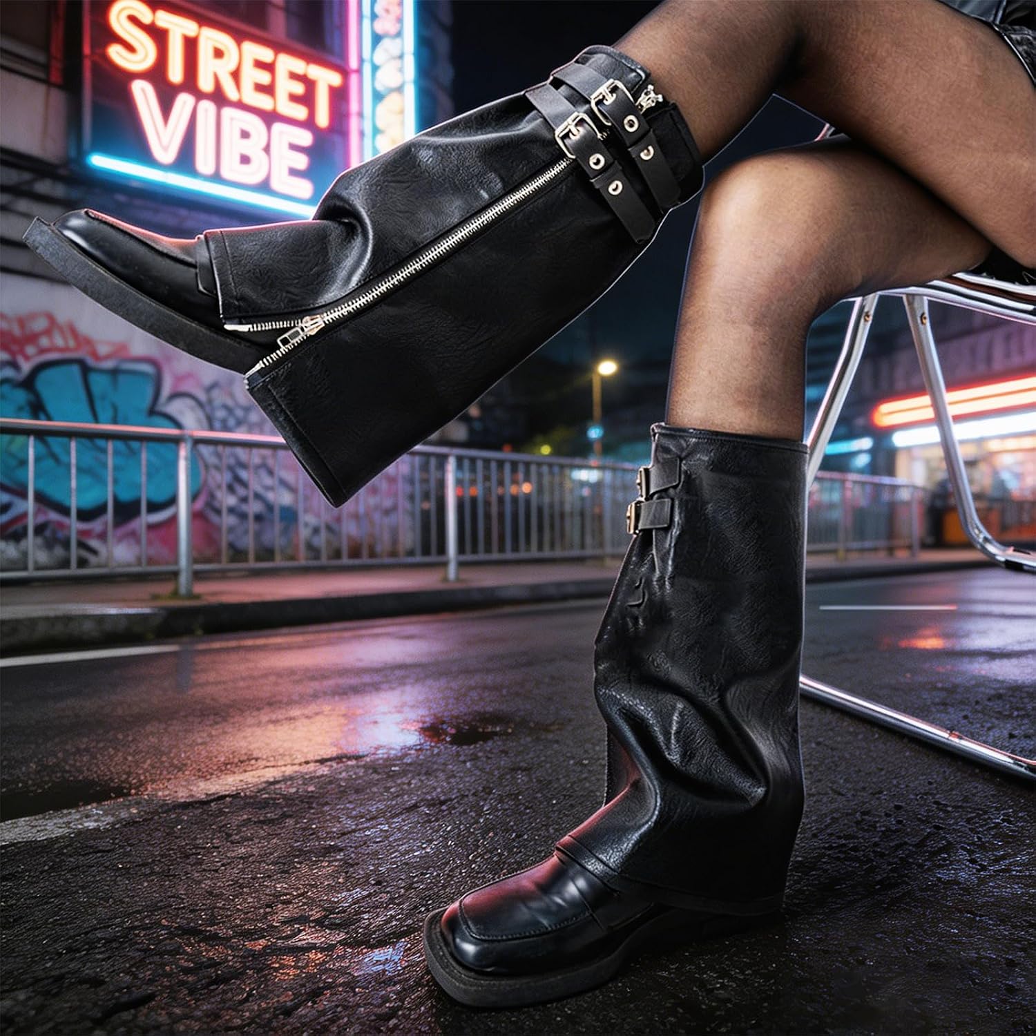 Punk Black Pu Leather Leg Warmers with Eyelet Belt and Zippered Motorcycle Cover Flared Socks for Women Sleeves