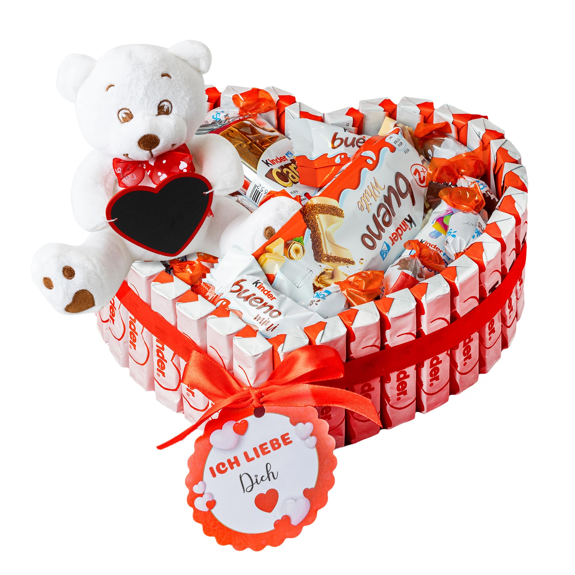Valentinstagsgeschenk für sie - teddybär valentinstag [18CM] - Süßigkeiten box: Kinderschokolade herz mit Happy Hippo, Kinderriegel, Cards, Schokobons - valentinstagsgeschenk für ihn