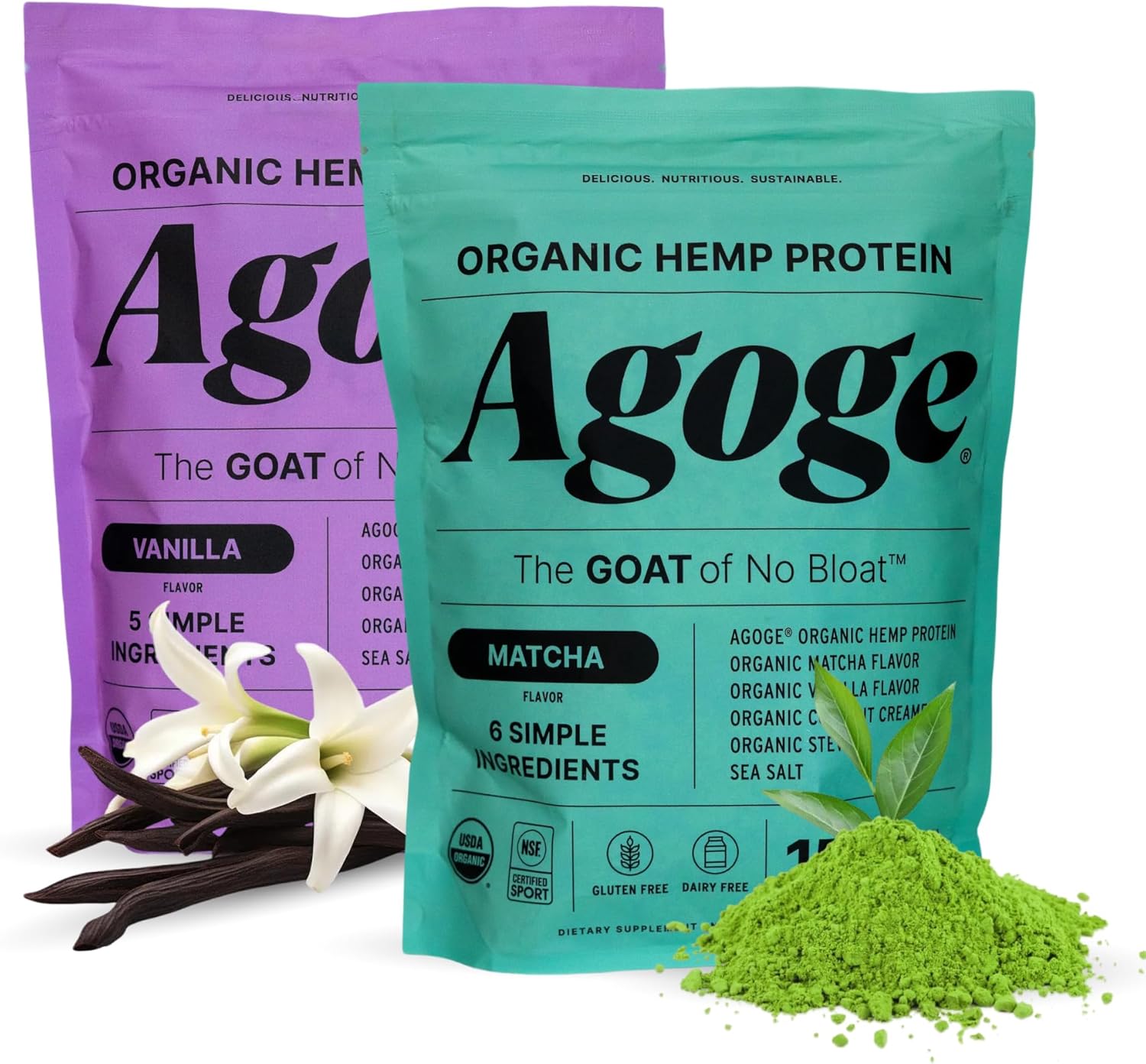 Agoge - USDA Organic Hemp Protein Powder, Matcha and Vanilla The Goat of No Bloat, NSF Certified for Sport, All Flavor Essential Amino Acids, Plant-Based, Gluten Free, for Women & Men