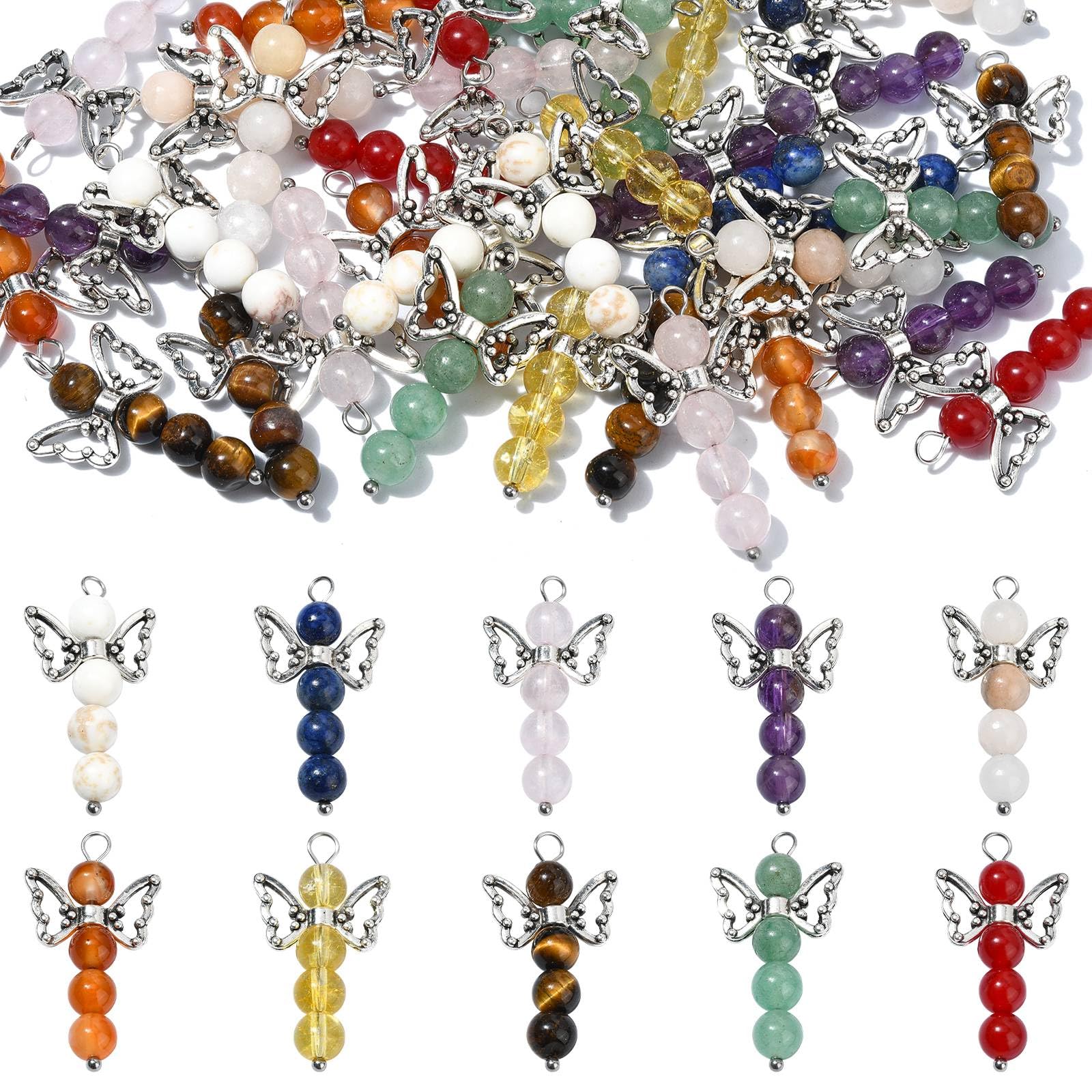 UR URLIFEHALL 40 Pcs 10 Styles Guardian Angel Charms Gemstone Beads with Angel Wing Dangle Charms for Jewellery Making DIY Keychains Crafts