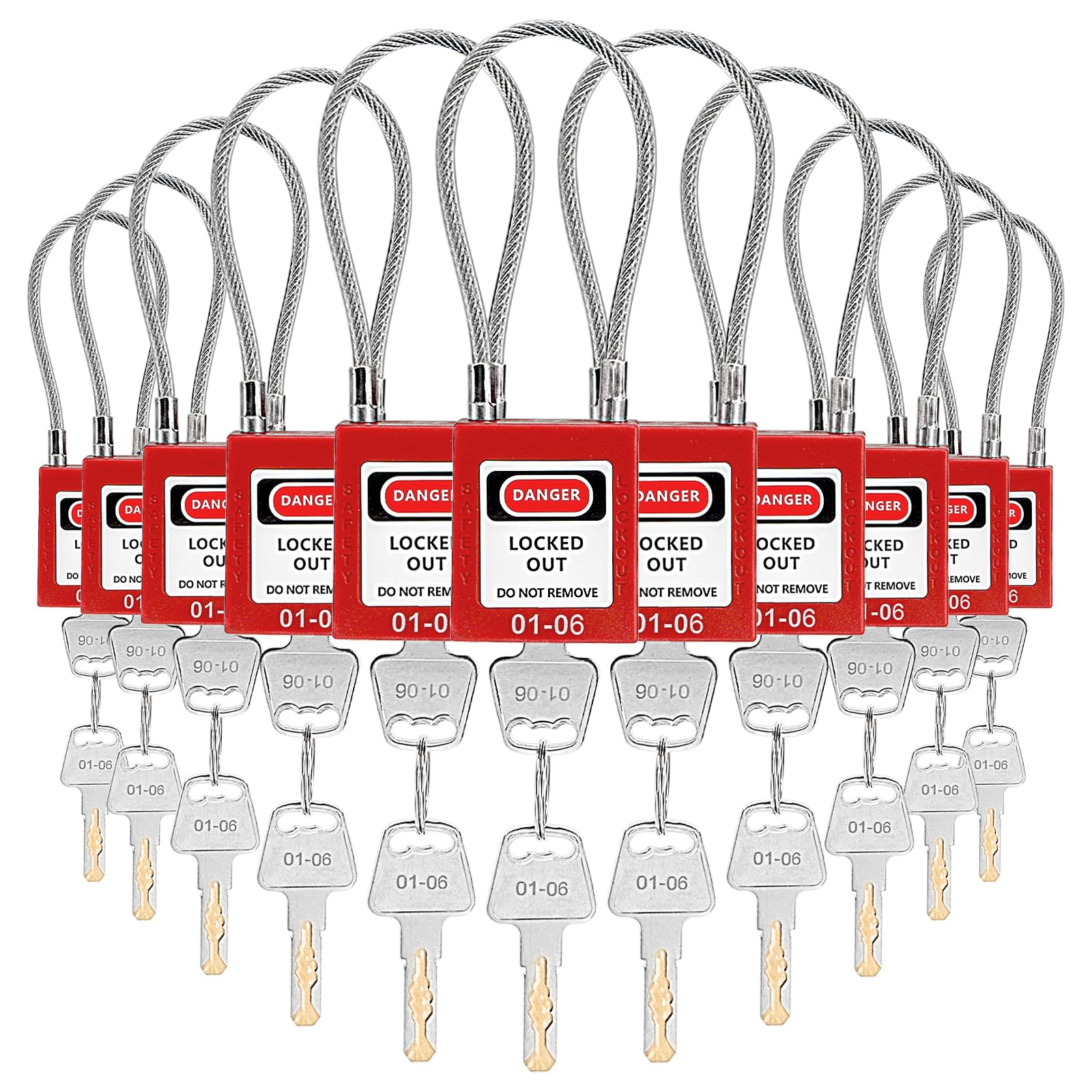 Noamus Paquete de 10 cerraduras de cable de acero con 20 llaves, juego de candados compactos con llave roja, diferentes números de cerraduras de seguridad para estaciones y dispositivos de bloqueo