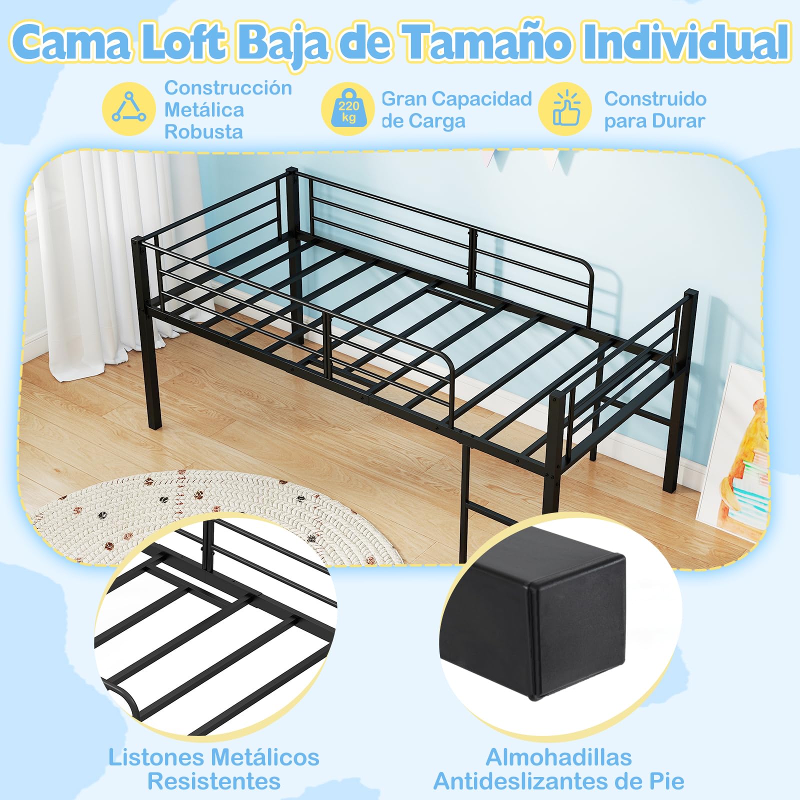 COSTWAY Cama Individual Somier, Estructura Metálica con Barandillas de Seguridad y 2 Escaleras, Listones Metálicos Resistentes para Cama Altillo para Niños, Jóvenes, 198,5 x 96 x 88 cm (Negro)