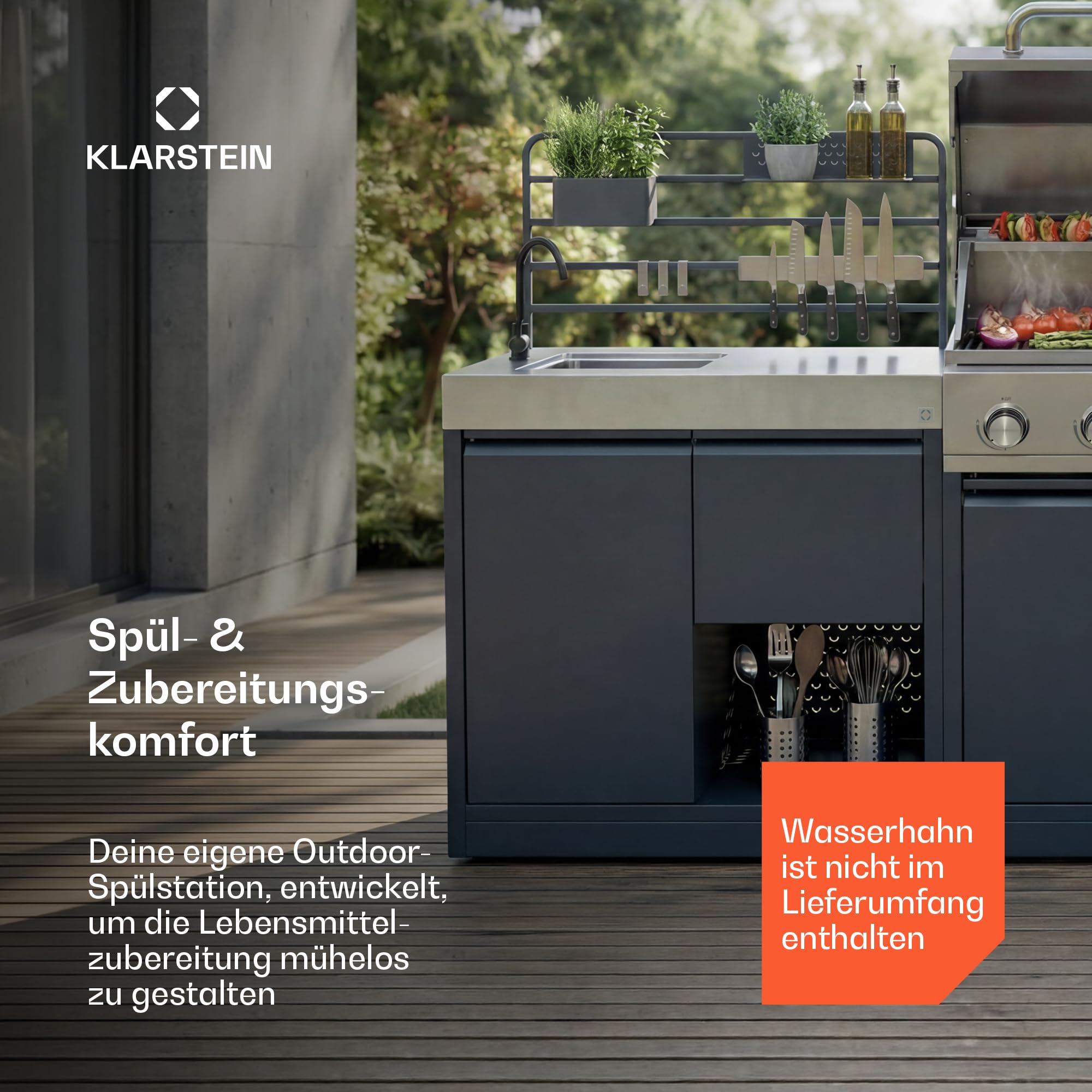 Klarstein WaldChef Spülenschrank Outdoor-Küchenschrank Edelstahlspüle Arbeitsplatte pulverbeschichteter Stahl Regal ausziehbarer Abfallbehälter
