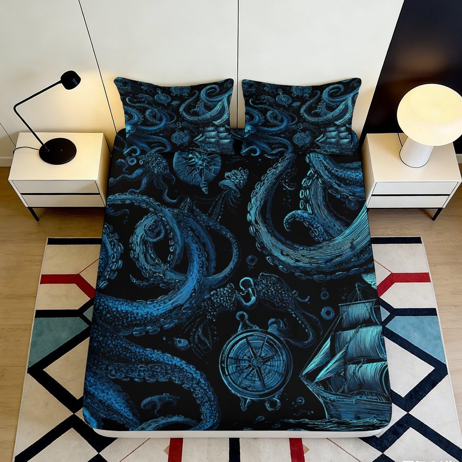 3D Printed Ocean Kraken Fitted Sheet Microfiber Soft Nautical Octopus Bed Cover for Bedroom Dorm Mattress Decor, Easy Care 90x200x25cm