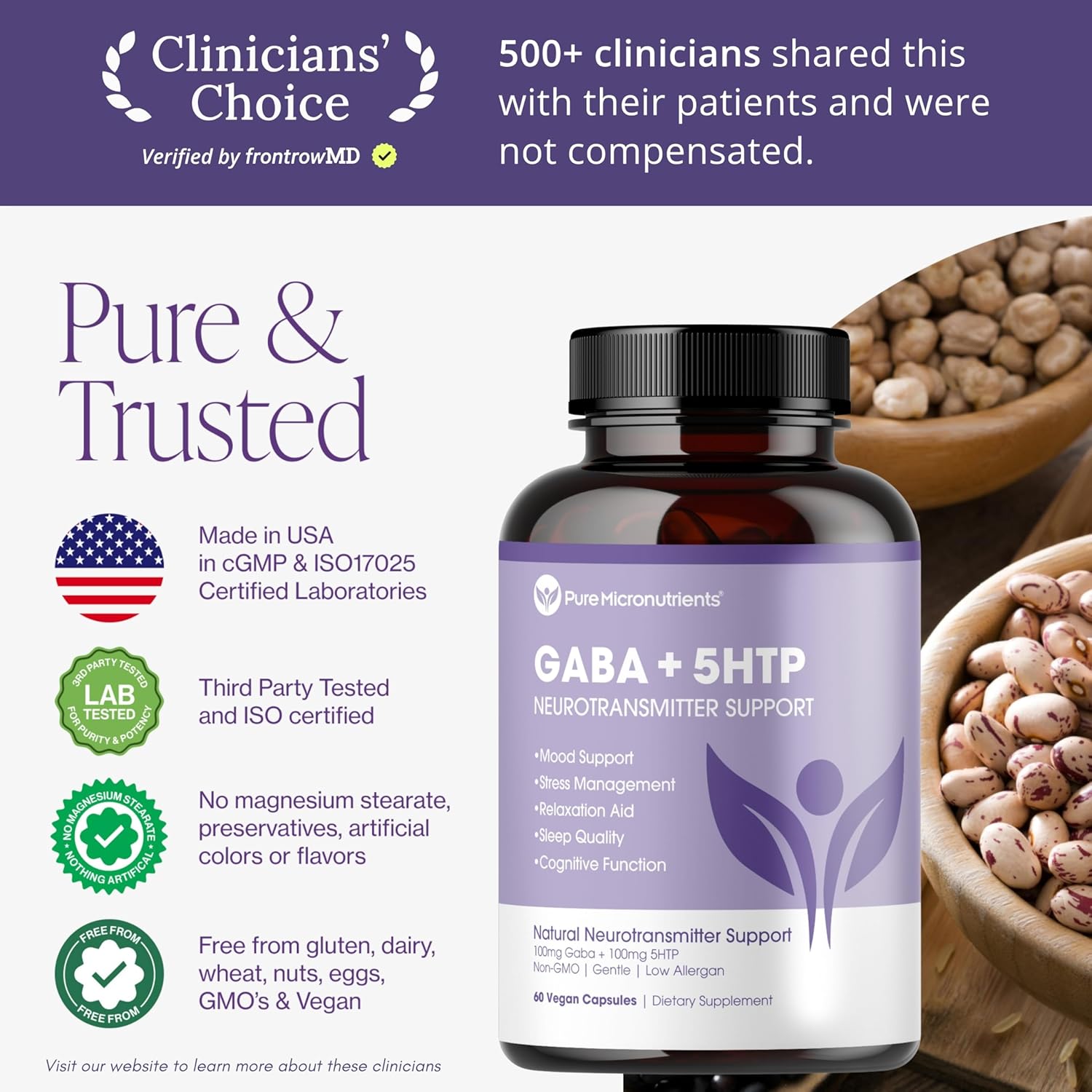 Pure 5-HTP (5-Hydroxytryptophan) Plus GABA Supplement - for Sleep, Mood & Stress Management - 60 Veggie Caps - Image 7