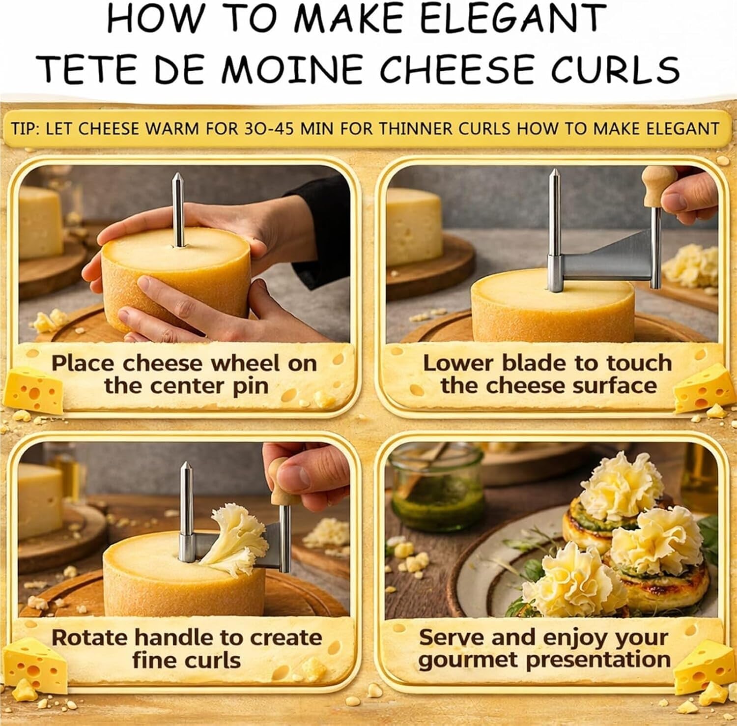 Cheese Curling Wheel, Stainless Steel Cheese Grater,Flower Making Wheel, Sharp Blade Chocolate Grater with Wooden Base, Easily Create Flowers