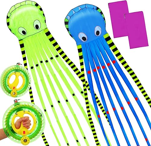 Sratte 2 Pack 26ft Ultra Large Octopus Foil Kite 3D Big Parafoil Kite with Lockable Kite Reel Winder 8.7 Inch Fun Giant Kite Gifts for Adults Kids