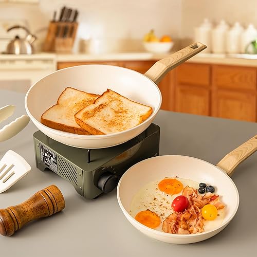 Miniatura 9 de HAFMOOBEY Juego de ollas y sartenes antiadherentes, 21 piezas de utensilios de cocina de inducción de granito beige con sartenes, cacerola y ollas