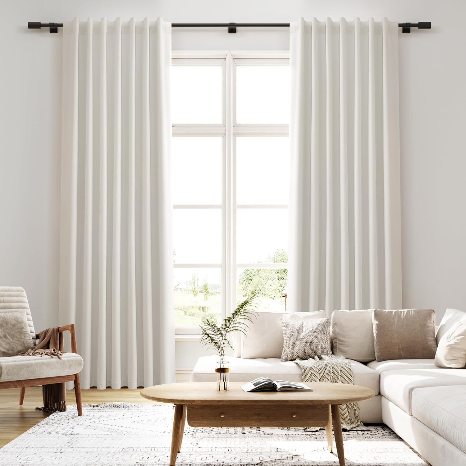 Ivory White Complete Blackout Linen Curtains 108 Inches Long for Bedroom Living Room Boho Black Out Drapes Thermal Back Tab Top Room Darkening Window Curtains Rod Pocket 2 Panels Set 52x108