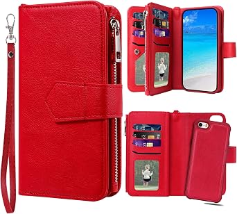 Case for iPhone SE/iPhone 5 / iPhone 5s, 2 in 1 Magnetic Detachable Shockproof Case, Flip Folio PU Leather Cover with Card Slot for iPhone SE/iPhone 5 / iPhone 5s, Red