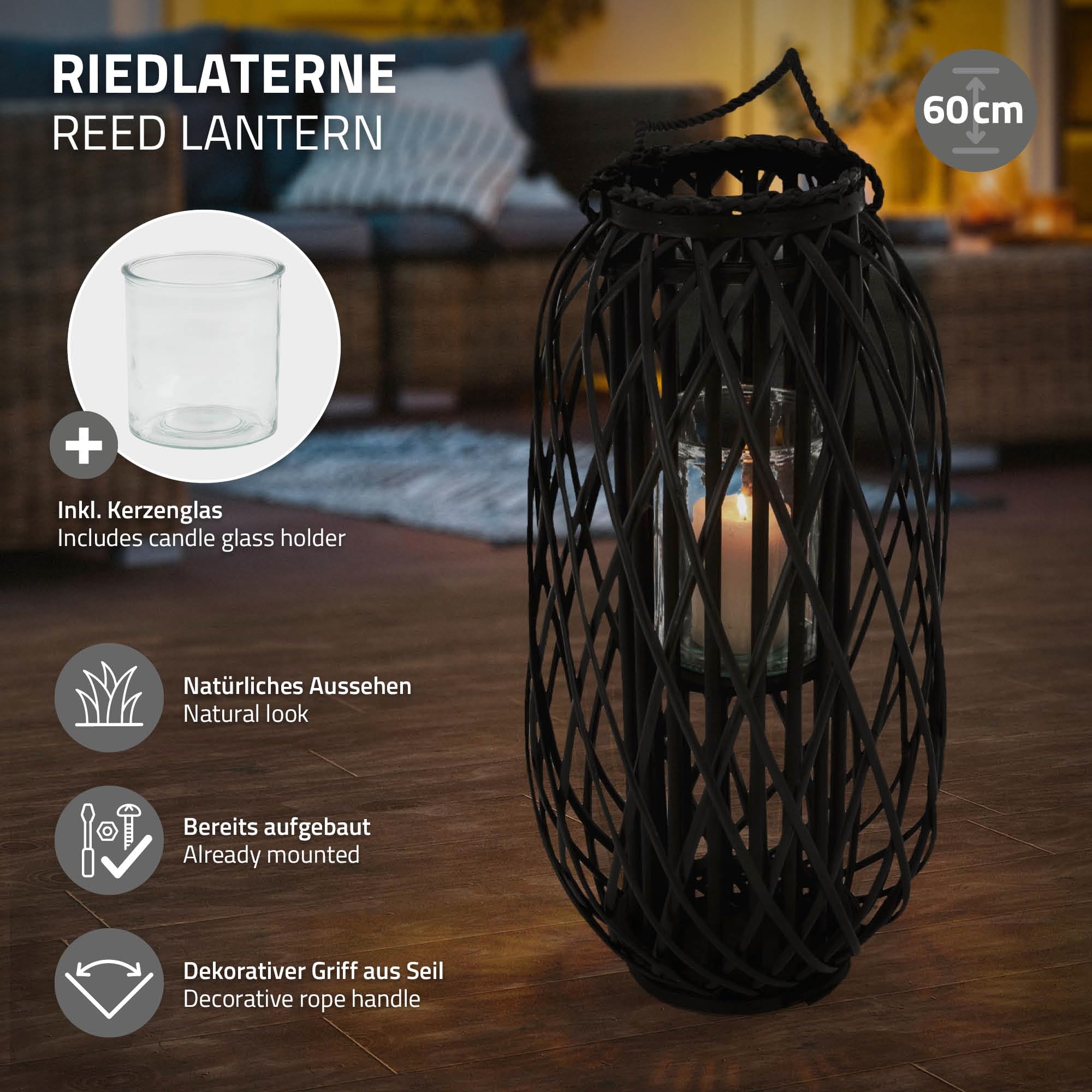 ECD Germany Linterna Estilo Ratán Portavelas 60 x Ø 27 cm Negro con Aspecto de Mimbre de Caña Natural Tejido Trenzado Robusto Luz de Vela Decorativa Farola para Mesa en Terraza Salón Jardín