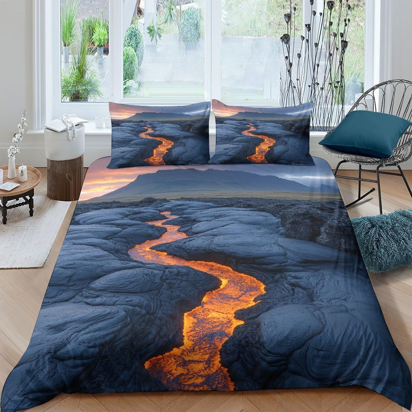 Ctjqhvkz Style-1 3D Printed Lava Stream Fitted Sheet Microfiber Soft Anti-Slip Volcano Landscape Bed Cover For Bedroom Dorm Decor Single（135X200cm）