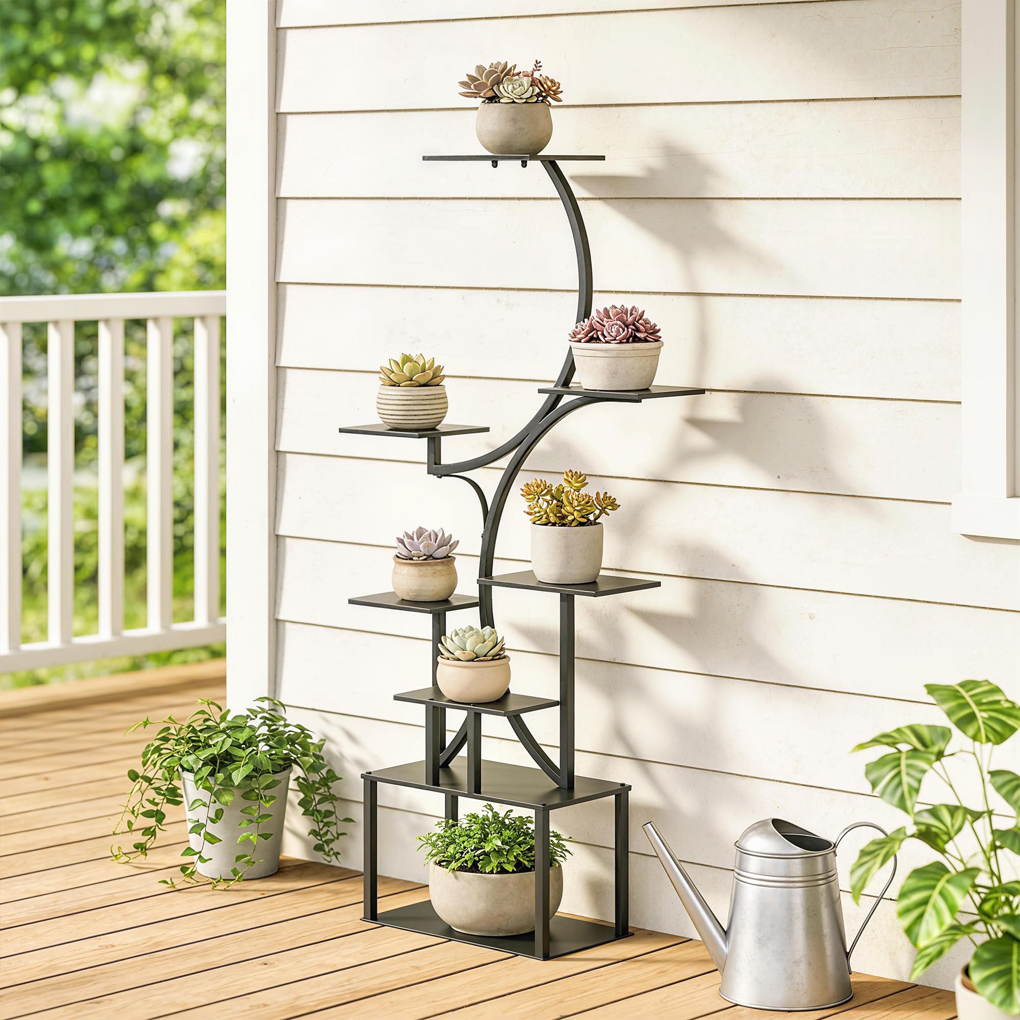 Outsunny Étagère à Fleurs en Métal à 8 Niveaux, Étagère à Plantes en Forme de S 158,5 cm, Support de Plantes, Intérieur et Extérieur, pour Jardin, Balcon, Terrasse ou Coin du Salon, Noir