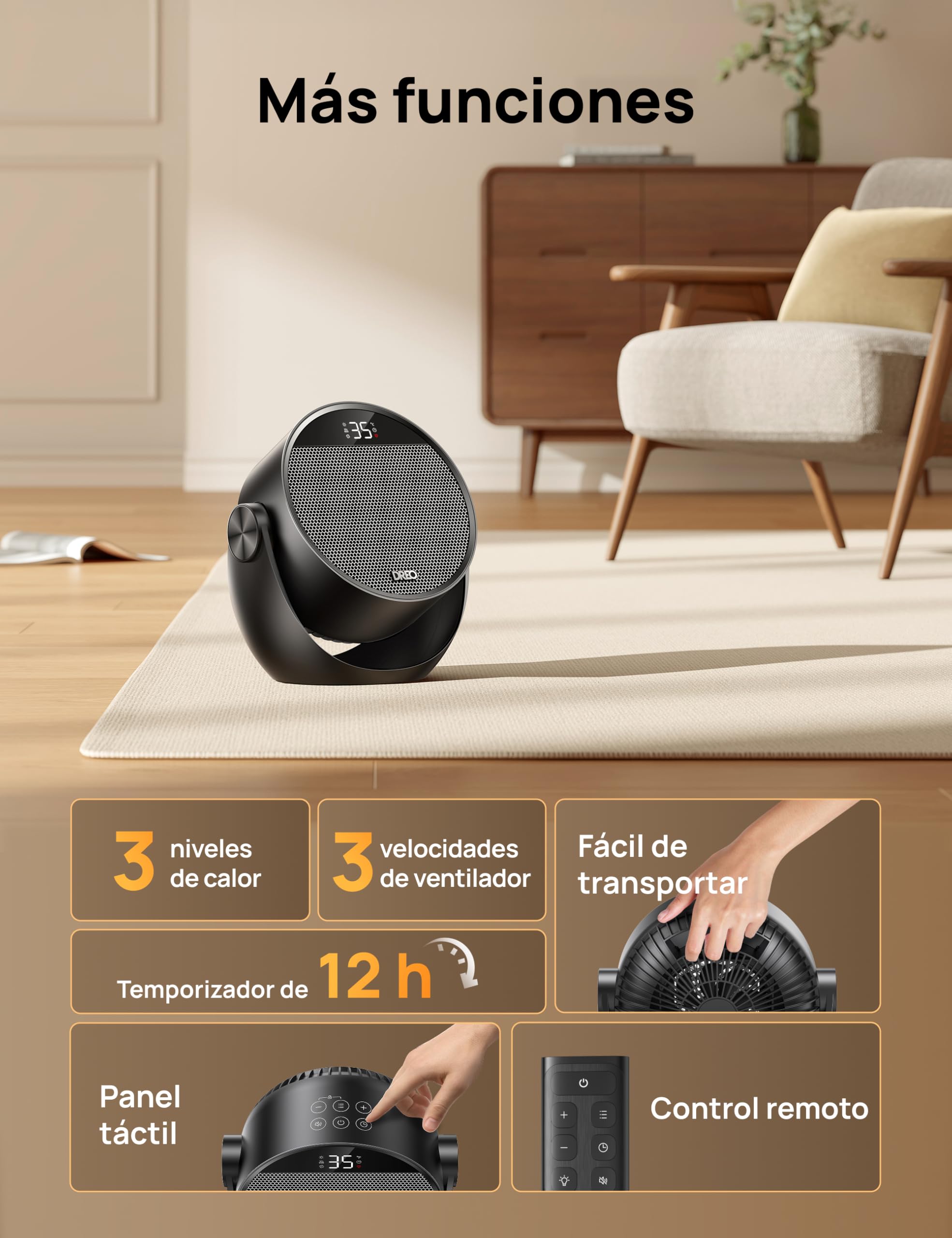 Dreo Calefactor eléctrico 1500W silencioso y de bajo consumo, portátil con mando y termostato, inclinación 60°, 8 sistemas de seguridad, cerámica PTC, temporizador 12h, 3 modos y 3 velocidades