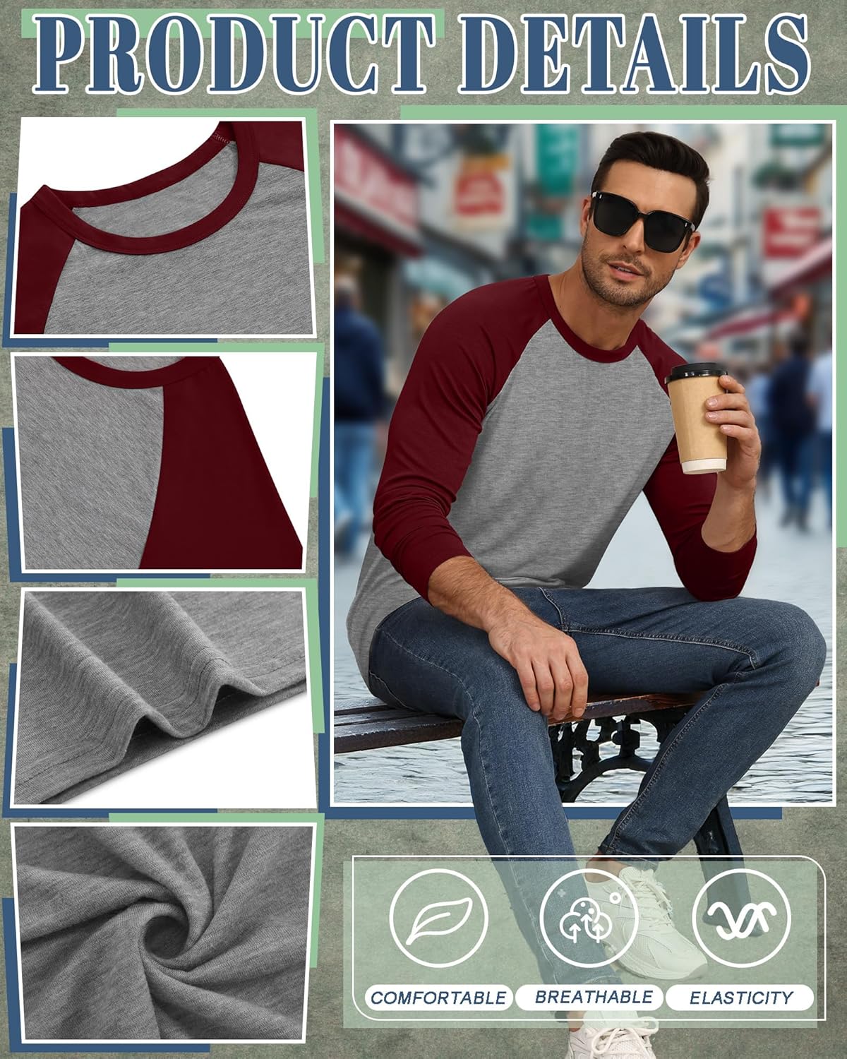 Huukeay 3 Pack Men's Long Sleeve Baseball Shirts, Crew Neck Raglan Casual Vintage Jersey Sport Tee Tops