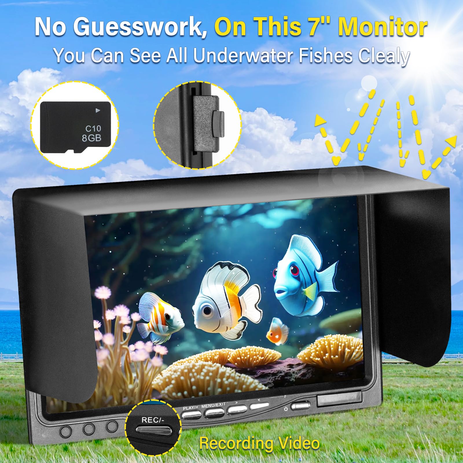 Cámara de pesca subacuática, actualizada a 36 luces HD DVR de 7 pulgadas, cámara de pesca bajo el agua, impermeable, IP68, 1200TVL HD, buscador portátil de peces de pesca en hielo con cable de