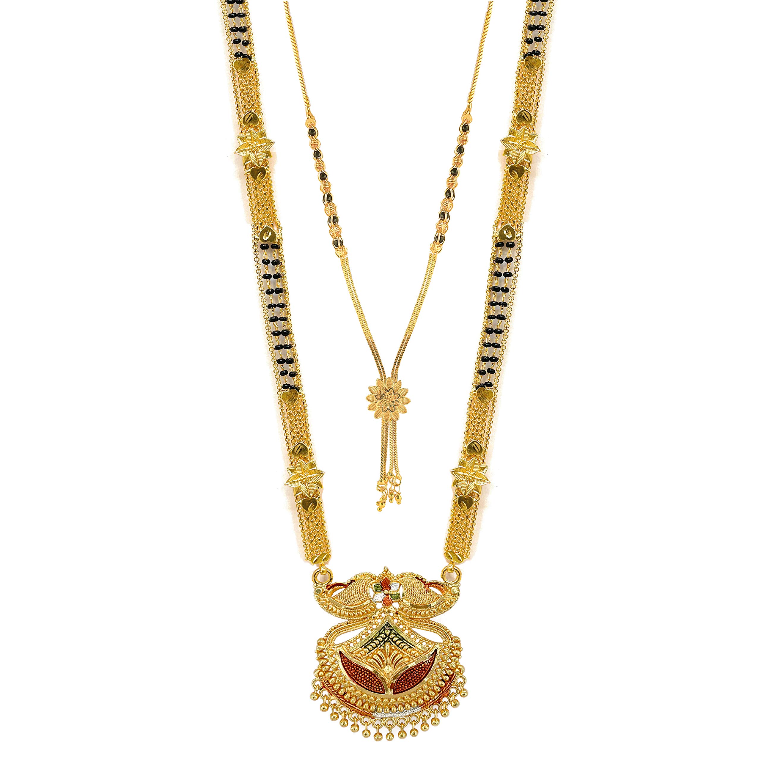 Traditional Necklace Pendant Gold Plated Hand Meena 30inch Long and 18inch short Combo Of 2 Mangalsutra/Tanmaniya/nallapusalu/Black Beads For Women and Girls