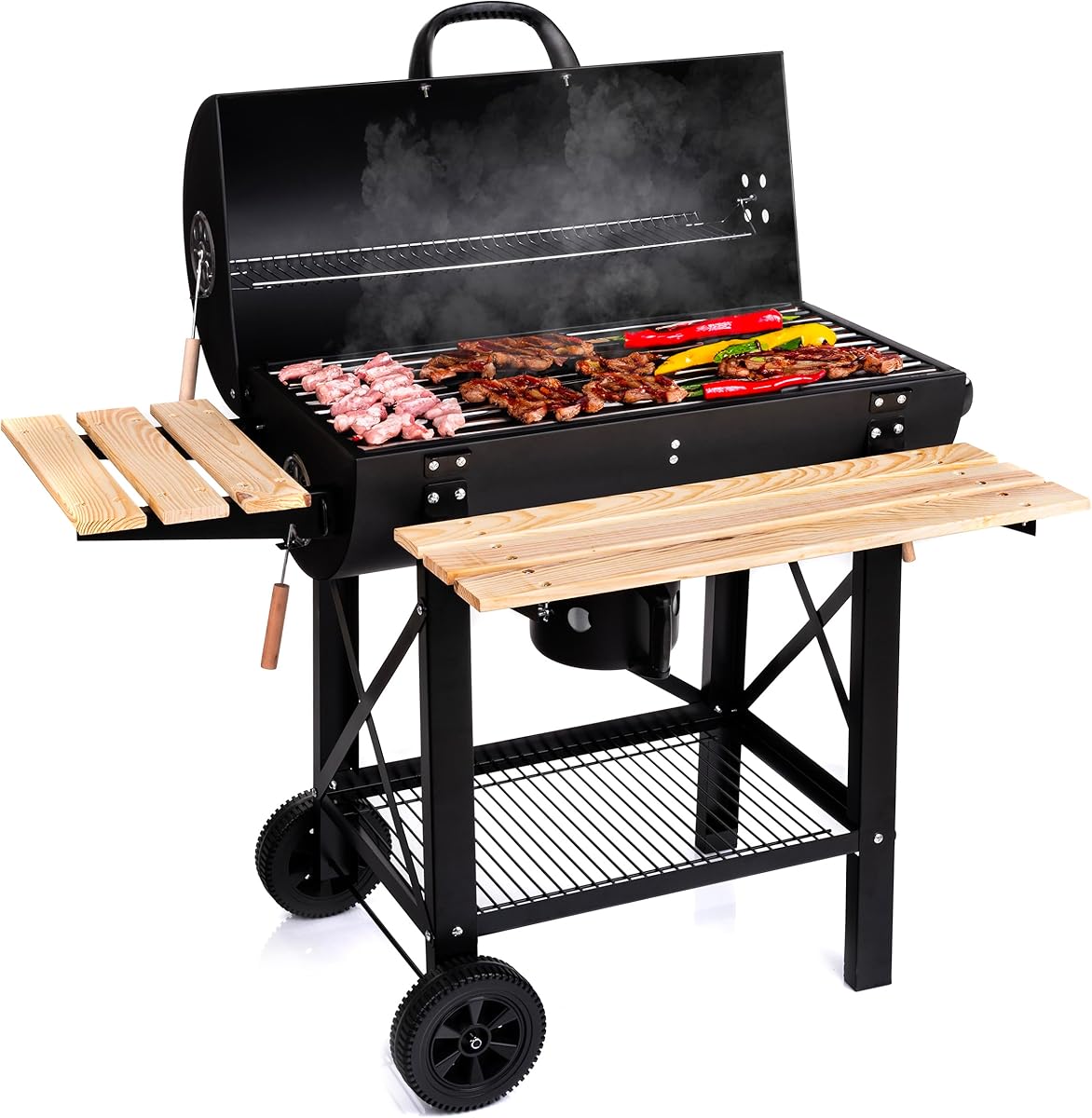 LEHMANN Barbecue Charbon de Bois avec Grille de Cuisson XL, avec Deux Étagères en Bois, Couvercle, Roulettes et Poignée non Chauffante, Barbecue à Charbon pour le Jardin, la Terrasse, le Camping