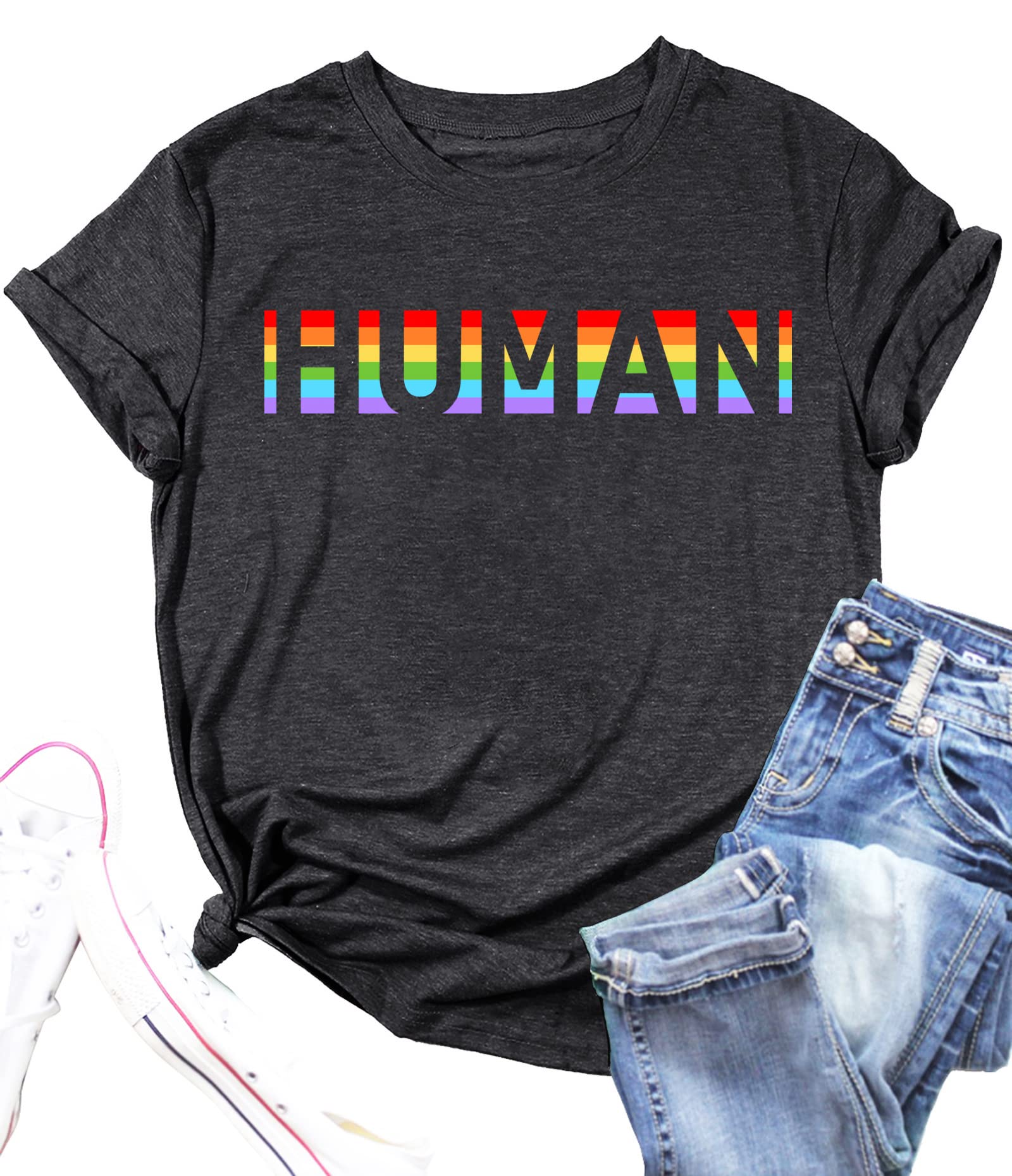 Pride Shirts for Women Human LGBT T-Shirt Rainbow Graphic Tee Shirt LGBTQ Equality Blouse Tops