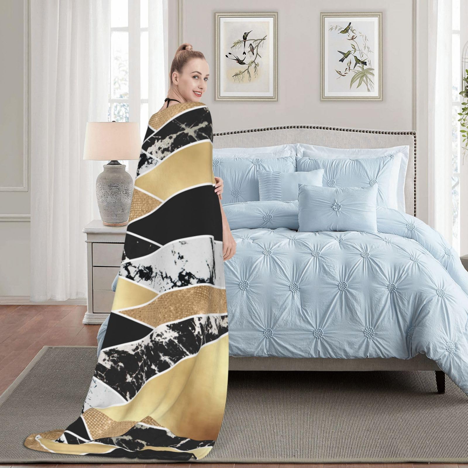 Moderne geometrische Kunst aus Gold, Schwarz und Weiß mit Glitzer Kuscheldecke, warme Flanell-Fleece-Plüsch-Überwurfdecke als Bettdecke/Bettlaken, 152 x 203 cm