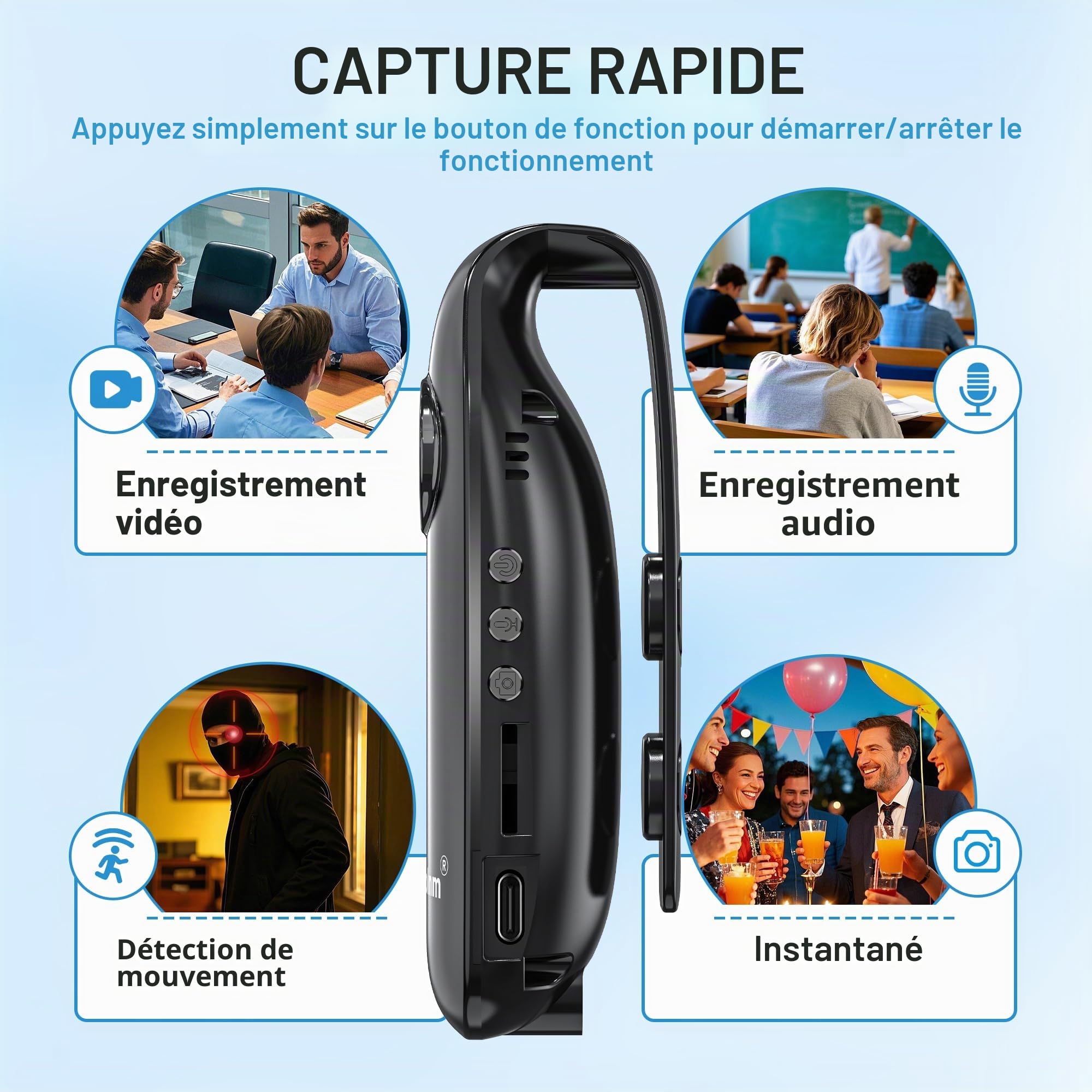 Meoilkolnm Mini caméra corporelle avec enregistrement vidéo audio 1080p 64 Go Portable POV Détection de mouvement Enregistreur vidéo avec poche magnétique DV Portable pour cyclisme, animaux