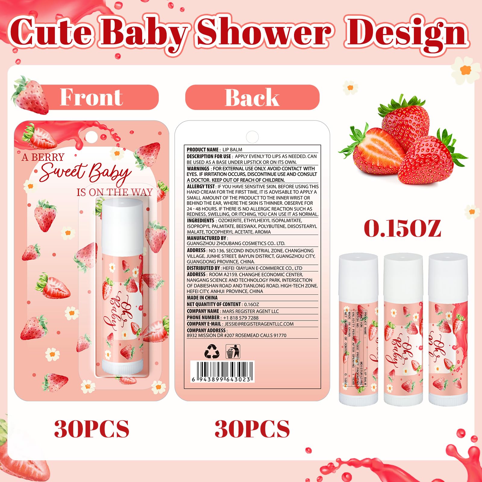 Paquete de 30 juegos de baby shower de fresas dulces, premios de fiesta, bálsamos labiales a granel, regalos para ganadores, adultos, invitados, revelación de género, regalos, regalos, regalos