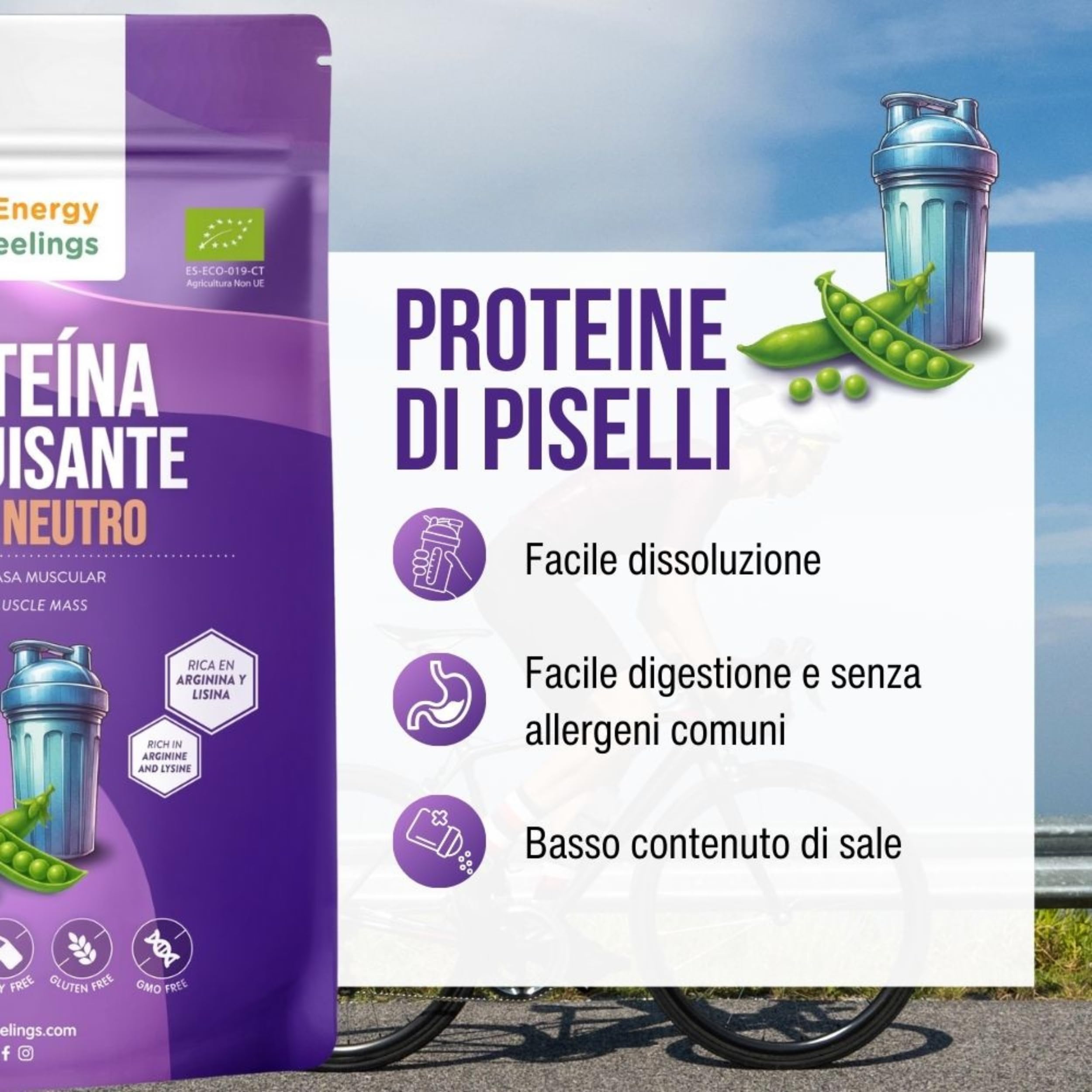 F Energy Feelings Proteine di Piselli in Polvere BIO 1 Kg / 82% Proteine Vegetali/Proteine Vegane Massa Muscolare e Dimagrire/Senza Zuccheri Aggiunti, Lattosio né Glutine