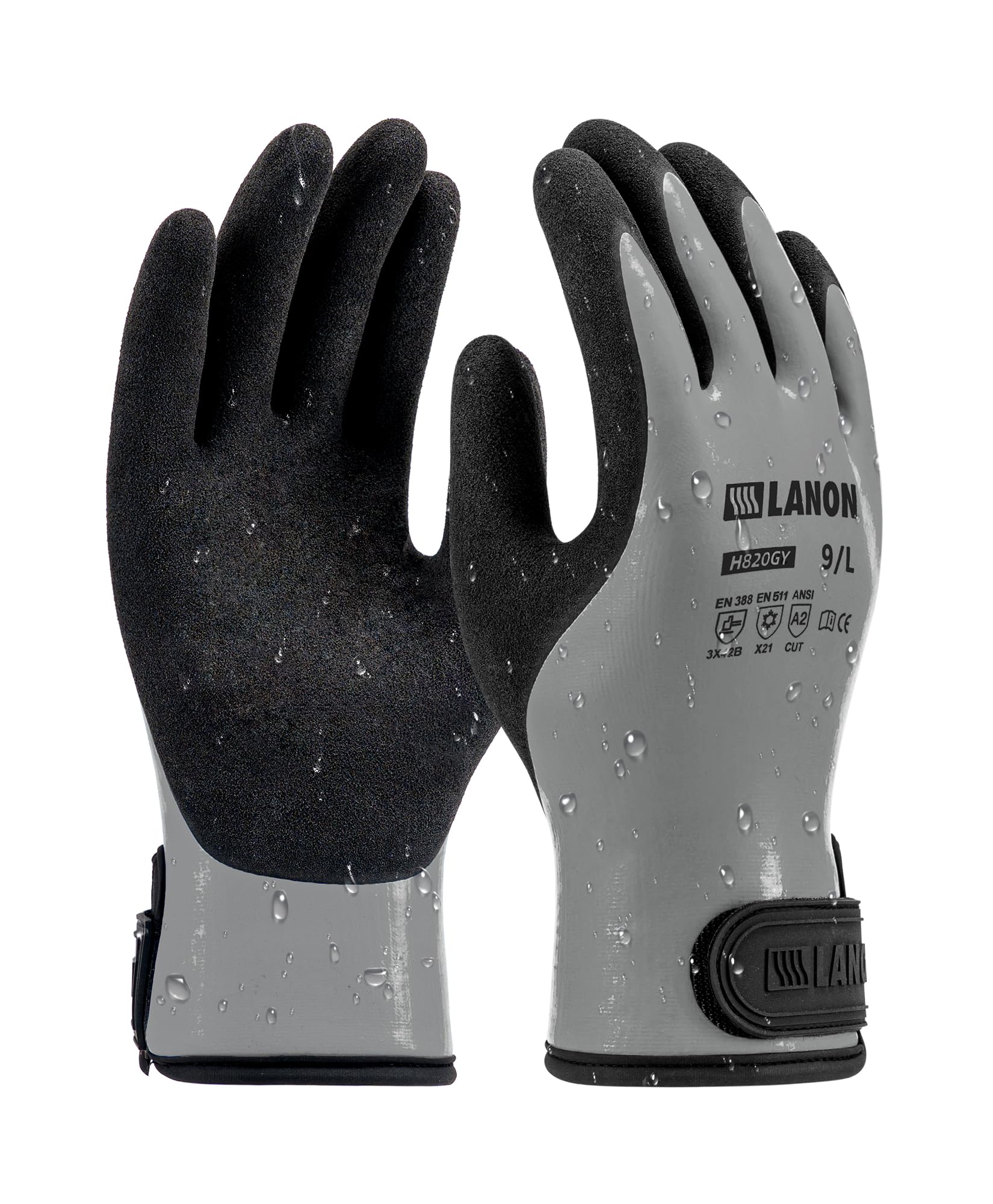 LANON Double Latex Coated Waterproof Winter Work Gloves, Grey, Medium