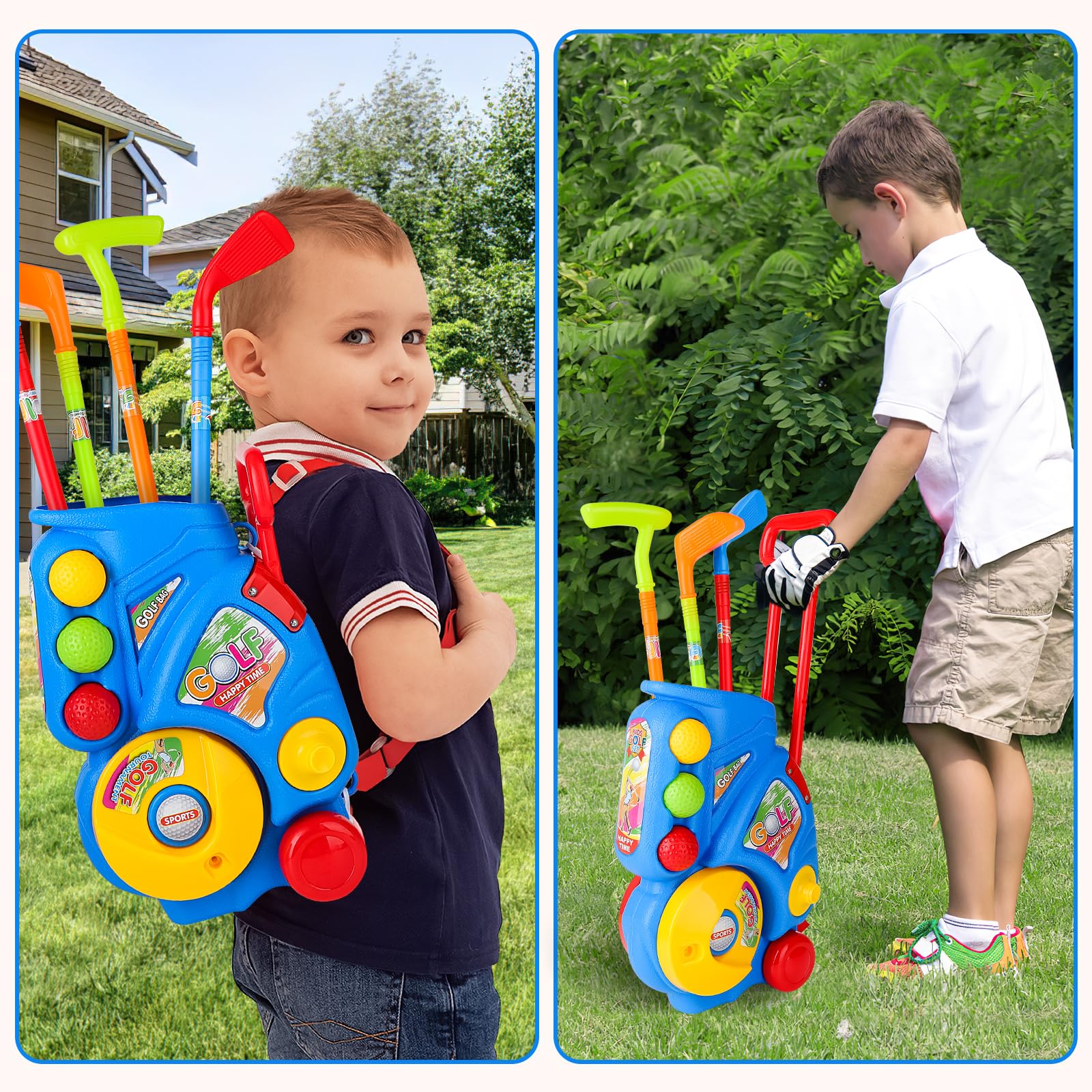 deAO Juego de Golf para Niños con Carrito Almacenamiento, 18 Pcs Golf Set, 4 Palos, 6 Pelotas, 2 Hoyos, Alfombrilla Putting - Juguetes Deportivos Interior Exterior Regalo Niñas Niños 3-6 Años (Azul)