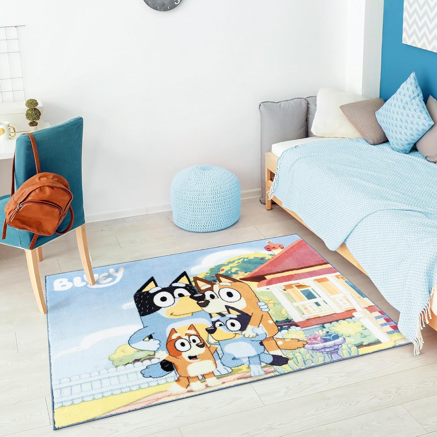 Gertmenian Bluey Indoor Area Rug - 3x5 Small, Non-Slip, Ideal for Children in Bedroom, Game Room, Classroom, Nursery or Play Area - Bluey Family, Blue/White, 28023