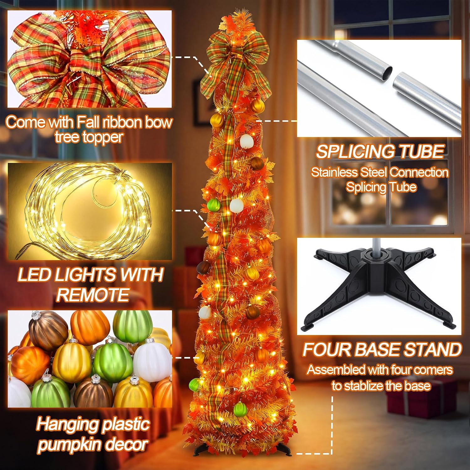 Yinder 5ft Pop up Fall Tree with Lights Orange Christmas Tree