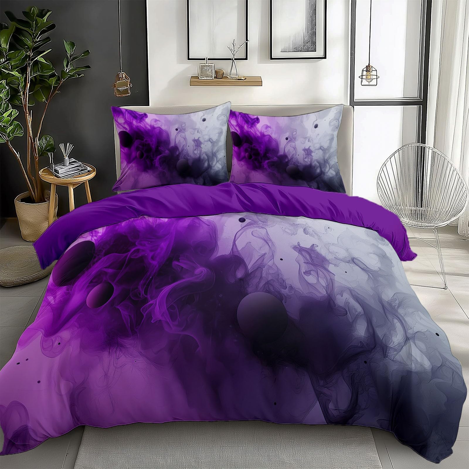 Bright Purple Bedding Sets Fantasy Abstract Color Print Duvet Cover Set, Comforter Cover Full Size Soft Breathable Reversible 3-Piece Bedding for Kids Teens