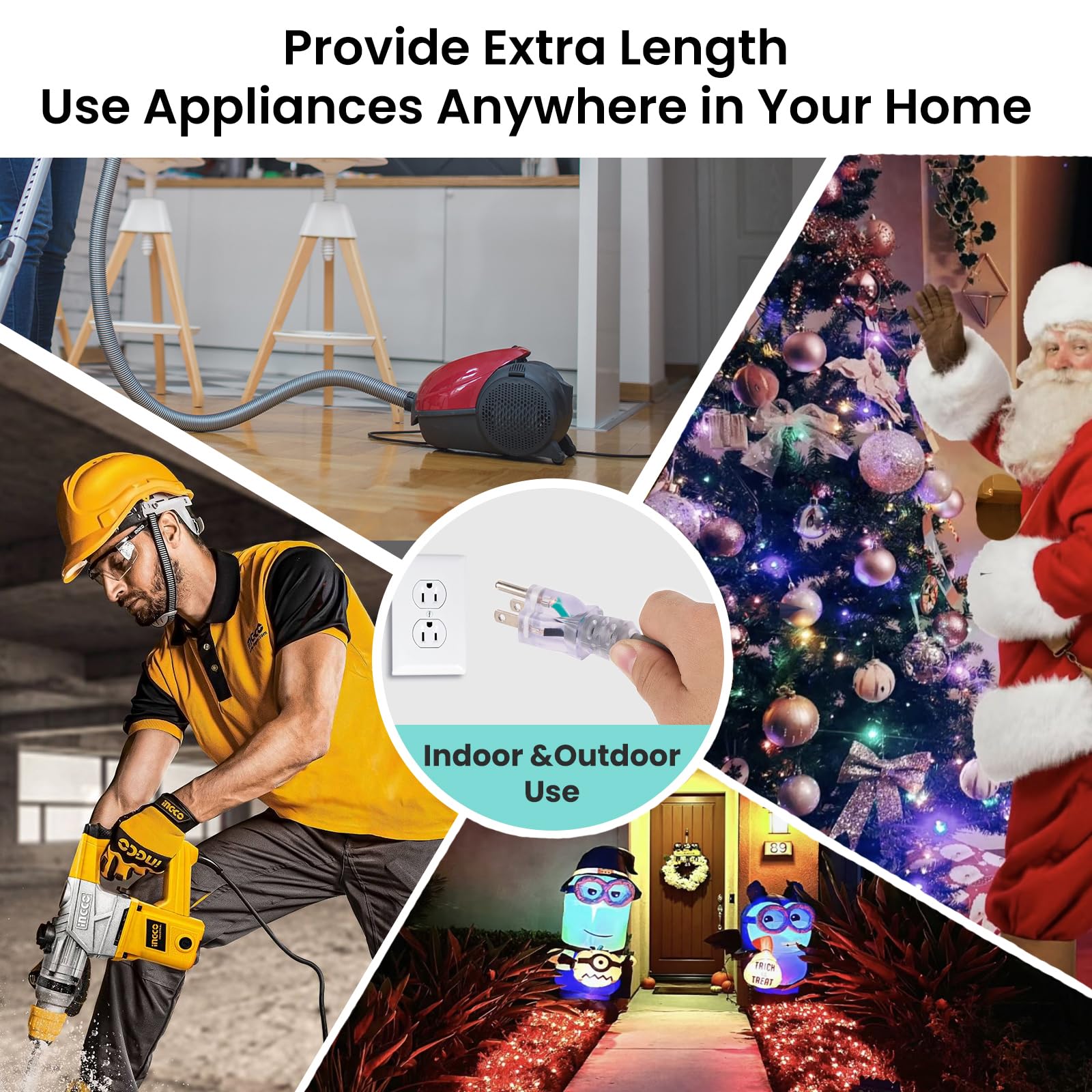 Cable de extensión para interiores y exteriores, resistente a la intemperie con extremo iluminado, certificado UL, calibre 10, 12 pies, gris 3 clavijas, cable de alimentación 10/3 SJTW 15A