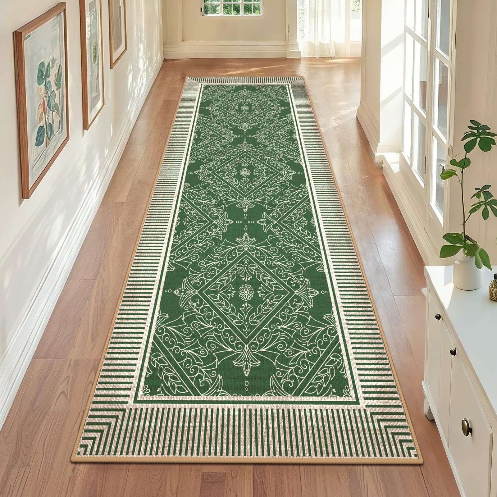 Geanup Rug Runner Hallway 80 x 200 cm, Green Washable Kitchen Runner Non-Slip, Modern Hallway Long Rug, Soft Short Pile Hallway Rug for Entrance, Bedroom, Living Room, Bedroom, Laundry Room