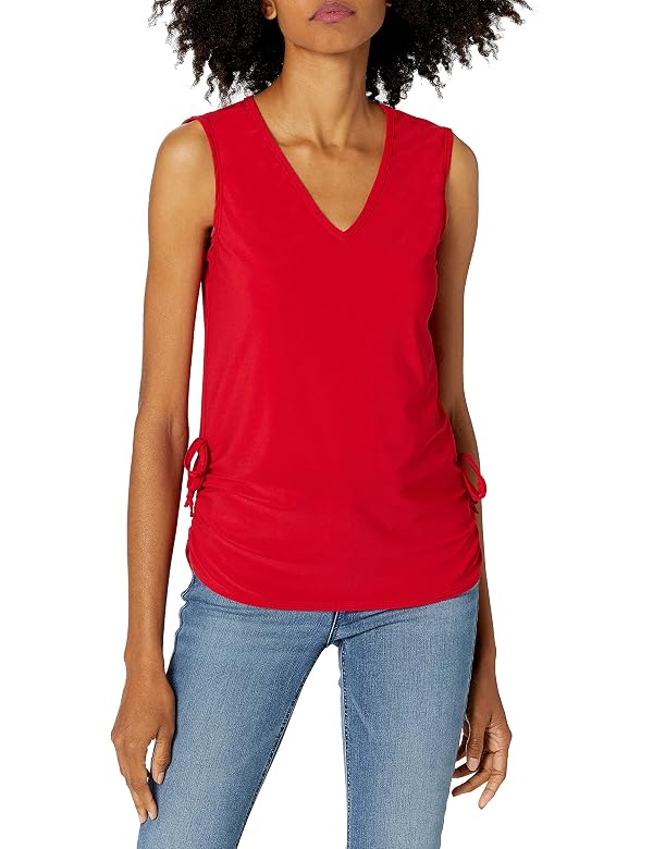 Star Vixen Women’s Sleeveless V Neck Top with Ruched Side Detail Red by Star Vixen - Used condition - US$16.32