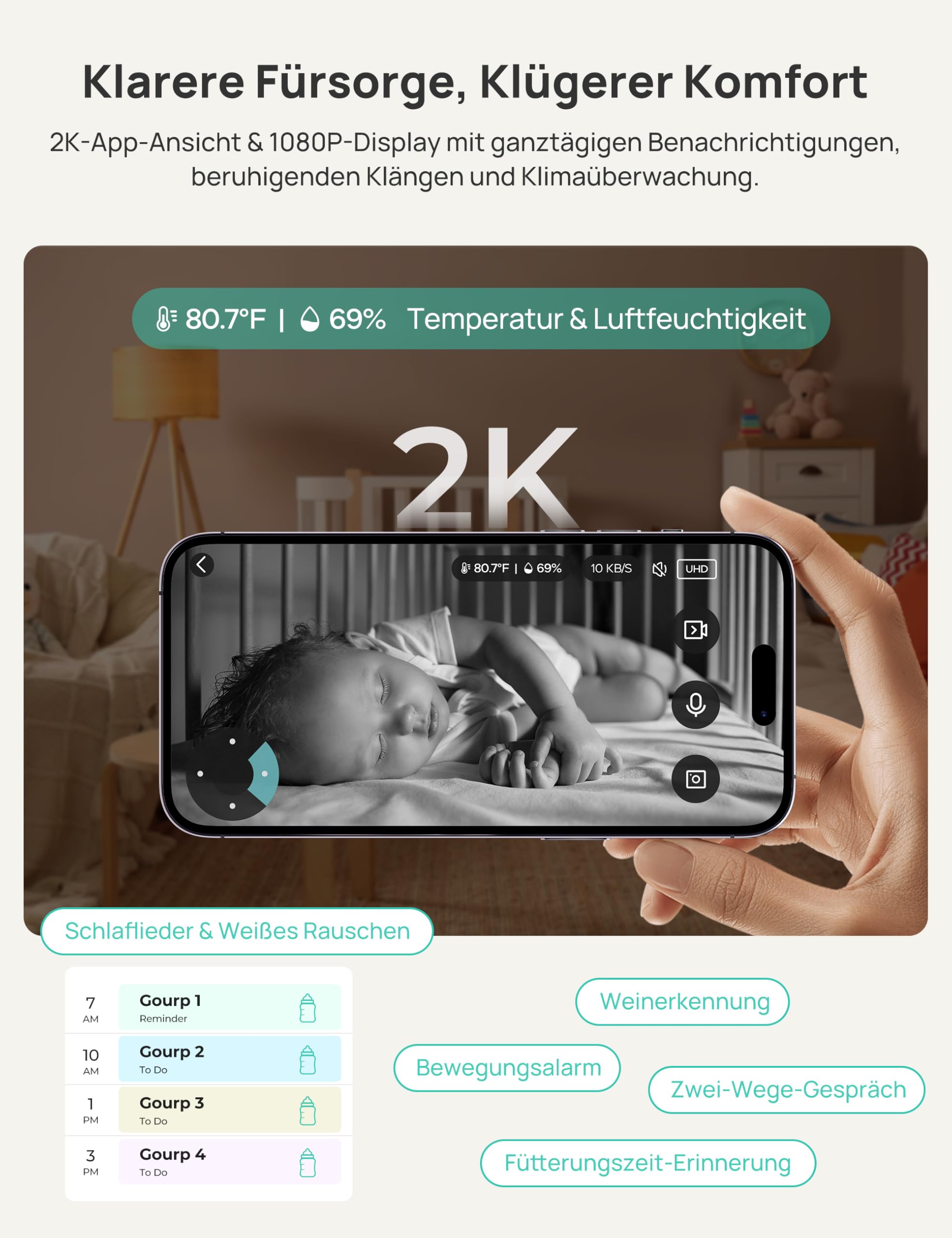 Dr.Care VistaView Smart WLAN Babyphone, 5” 1080P HD, 2K Kamera, App-Steuerung, Bewegungs- & Weinen-Alarm, Nachtsicht (babyphone mit 2 Kamera)
