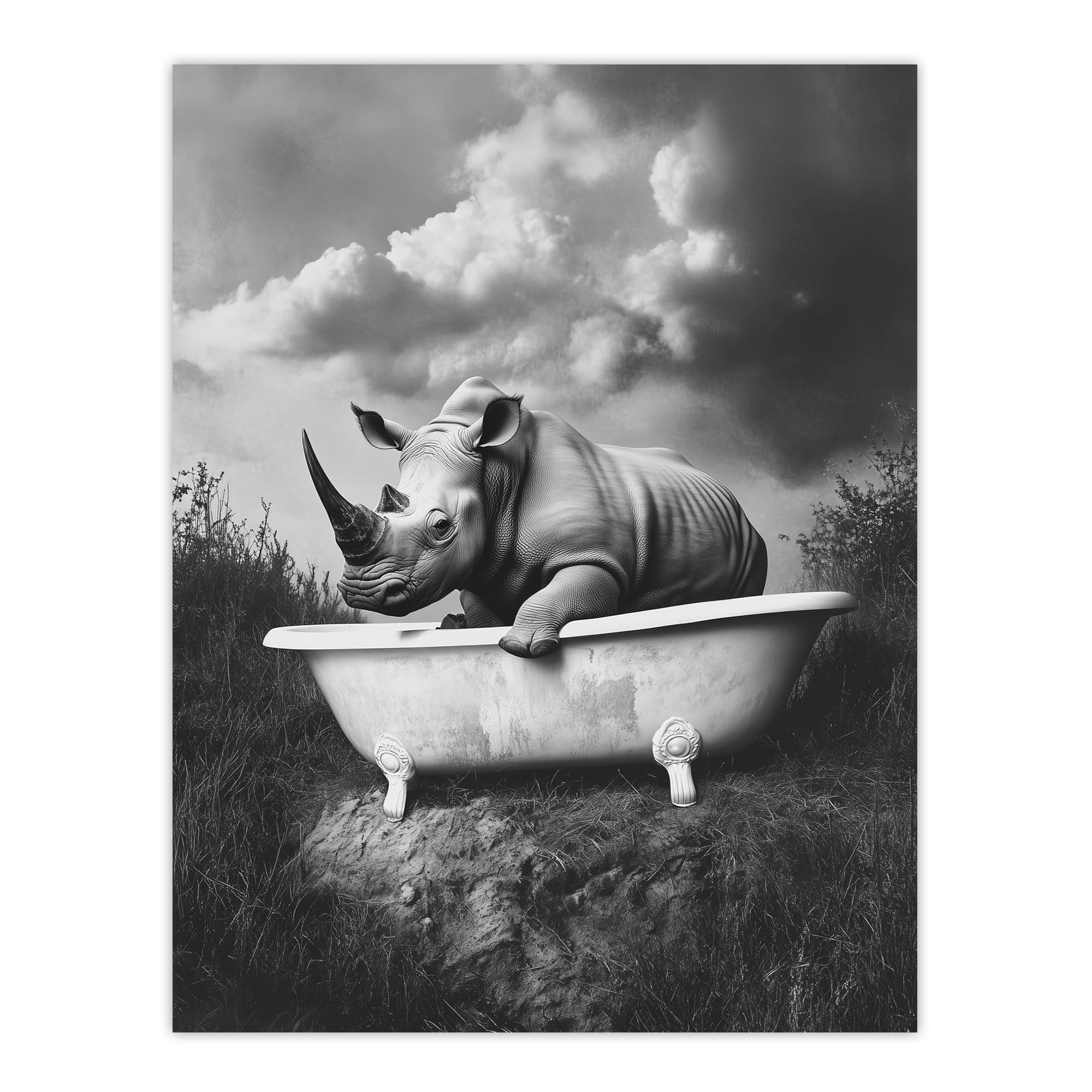 Artery8 Rhino in Bathtub Black White Bath Time Surreal Bathroom Toilet Extra Large XL Wall Art Poster Print