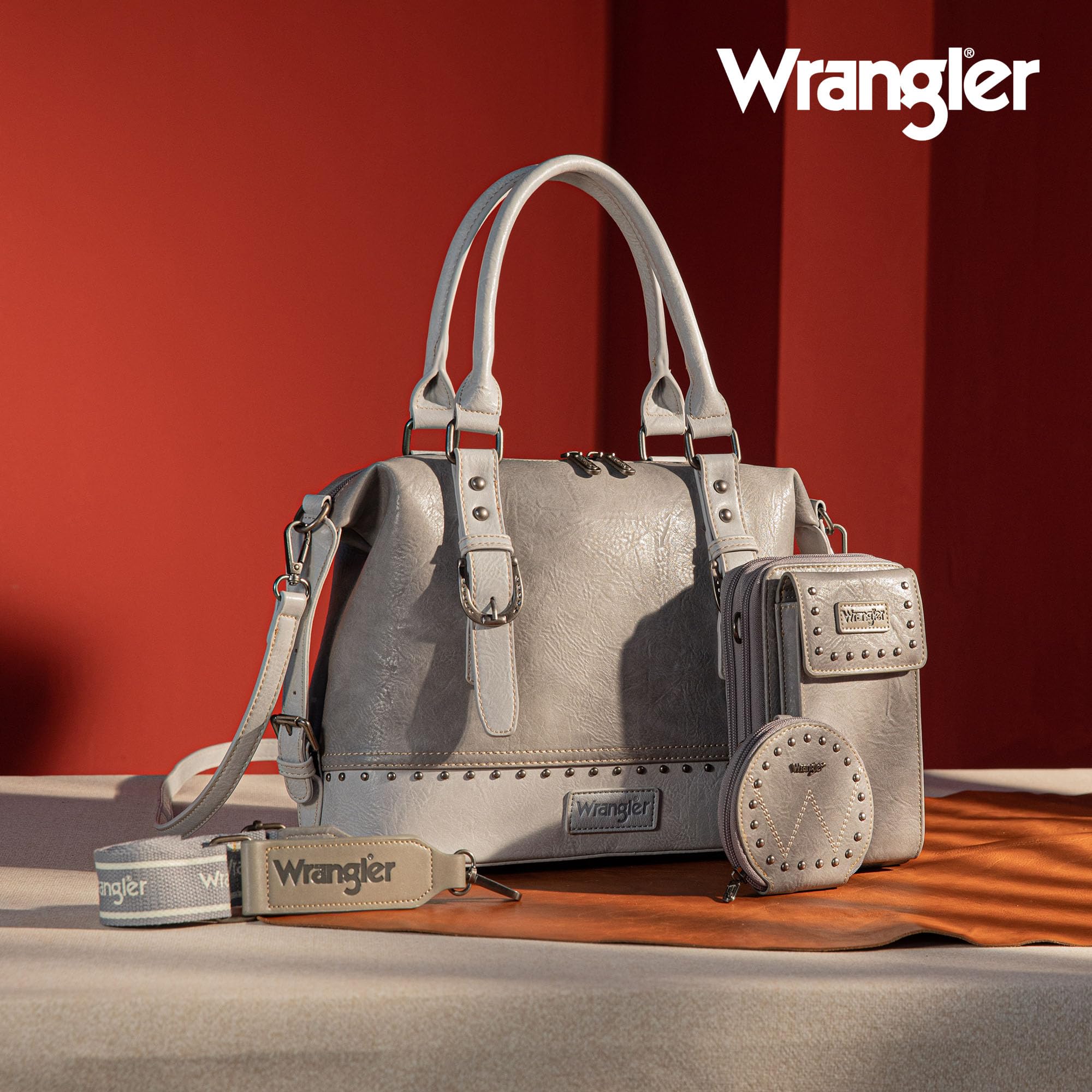Wrangler 3Pcs Doctor Bag Sets for Women Top-handle Satchel Bag with Cell Phone Handbag and Coin Purse: Eye-catching Gray