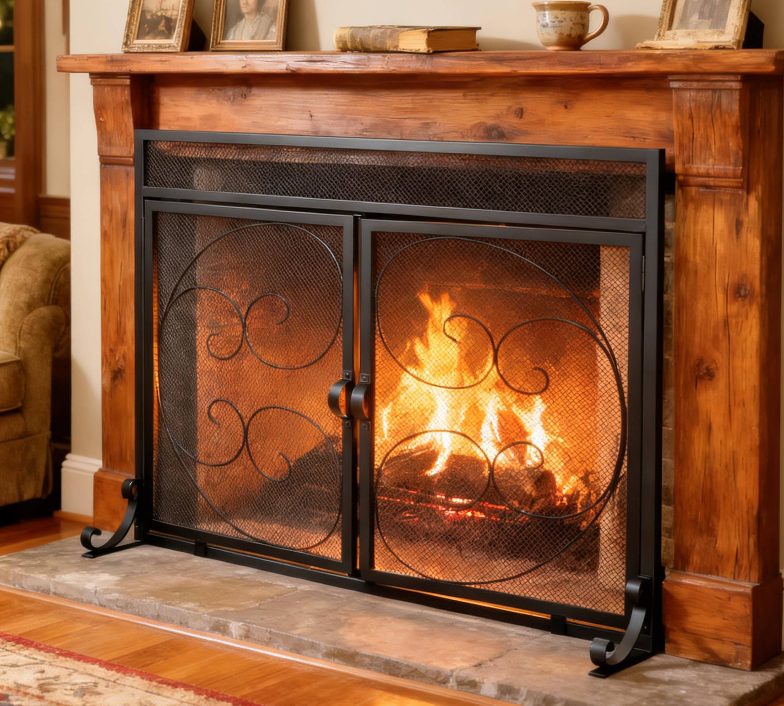 Fire Beauty Wrought Iron Fireplace Screen with Magnetic Double Doors Black