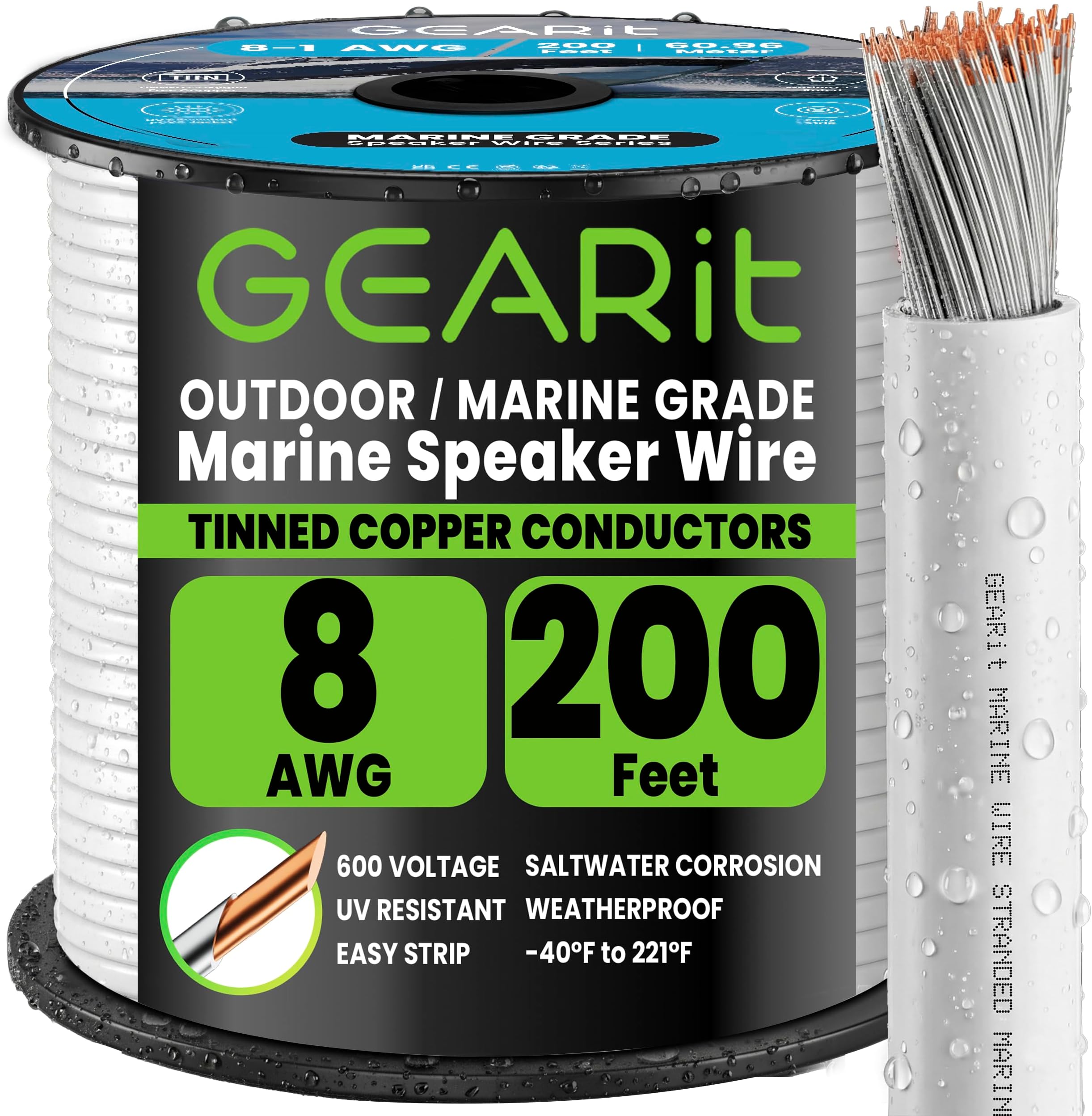 GEARit Marine Speaker Wire 8 Gauge 200 ft, Marine Wire Flexible PVC Cable for Boat Speakers, Outdoor Audio, Car & Landscape Use, Waterproof, UV & Salt Resistant, 600V Rated, White